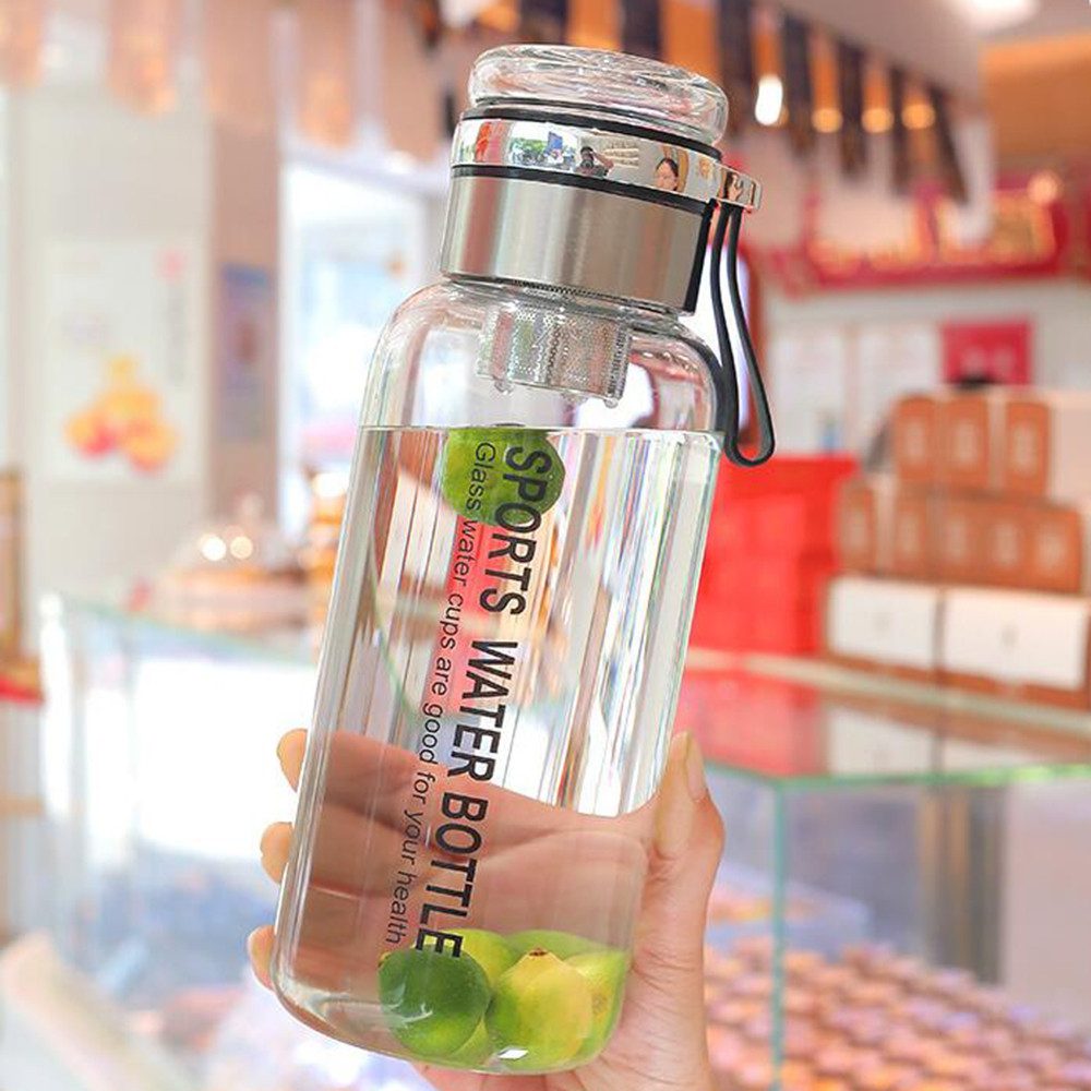 Coonoor Trinkflasche Glasflasche 1L - Wasserflasche Trinkflasche Glas mit Neoprenhülle, Glastrinkflasche mit Edelstahl-Sieb, Glasdeckel als Becher verwendbar