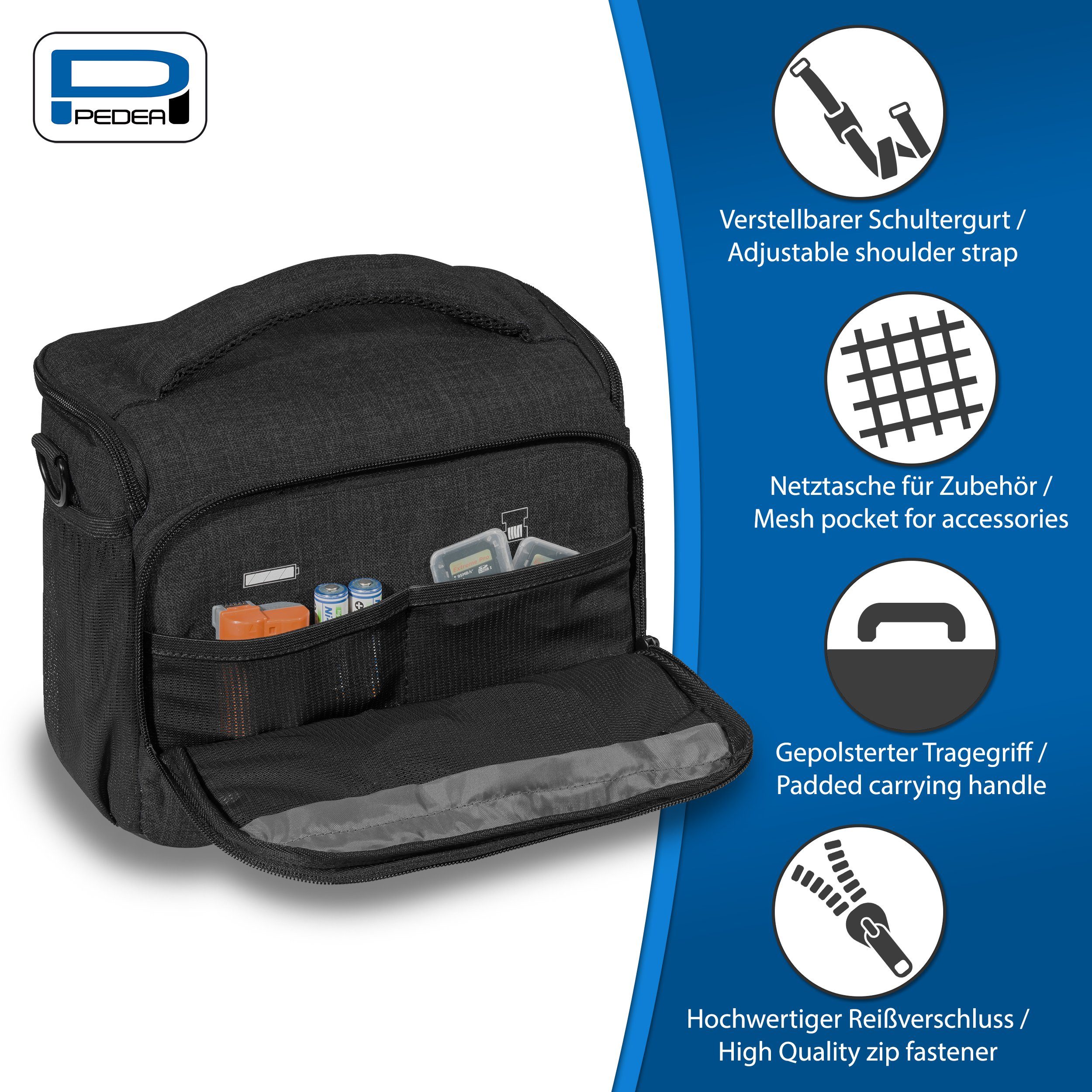 PEDEA Kameratasche FASHION XL Fototasche gepolstert, mit Gurt und Zubehörfächer, Größe XL / Regenschutz, Schultergurt, Zubehörfächer