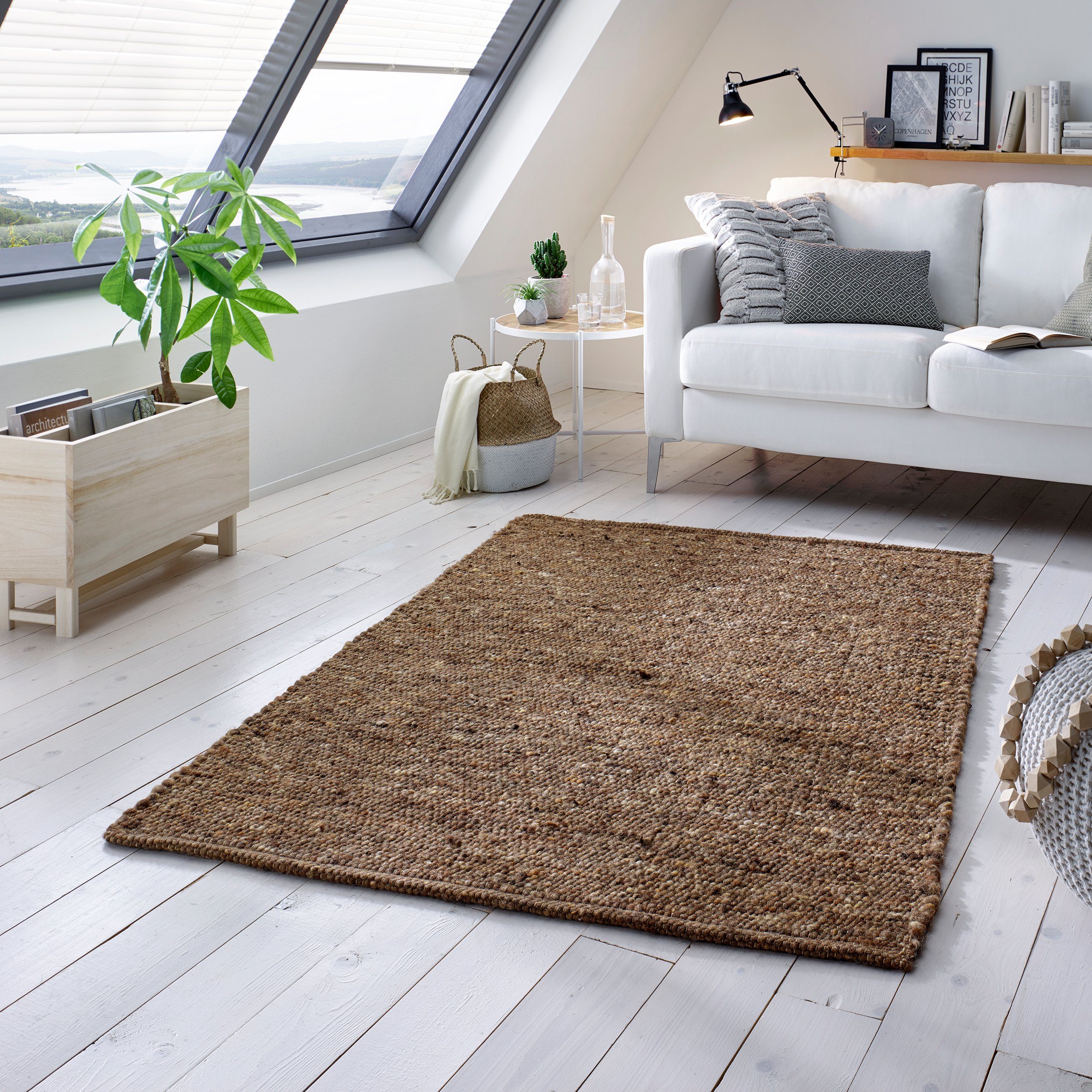 Wollteppich Hand-Webteppich, TaCa rechteckig, Schlafzimmer Home, Schurwolle 10 mm, meliert nachhaltige braun multi Höhe: 060x090cm Wohnzimmer