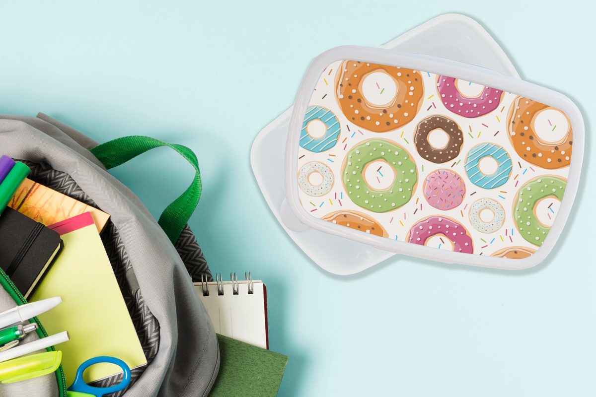 MuchoWow Lunchbox Teeny - Donut und für weiß Jungs Erwachsene, - Kinder Brotbox und Mädchen Brotdose, (2-tlg), Schnittmuster, für Kunststoff