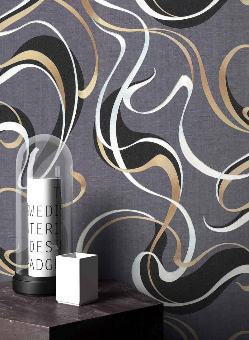 Newroom Vliestapete, Grau Tapete Grafisch Linen - Mustertapete Silber Gold Modern Geschwungen für Wohnzimmer Schlafzimmer Küche