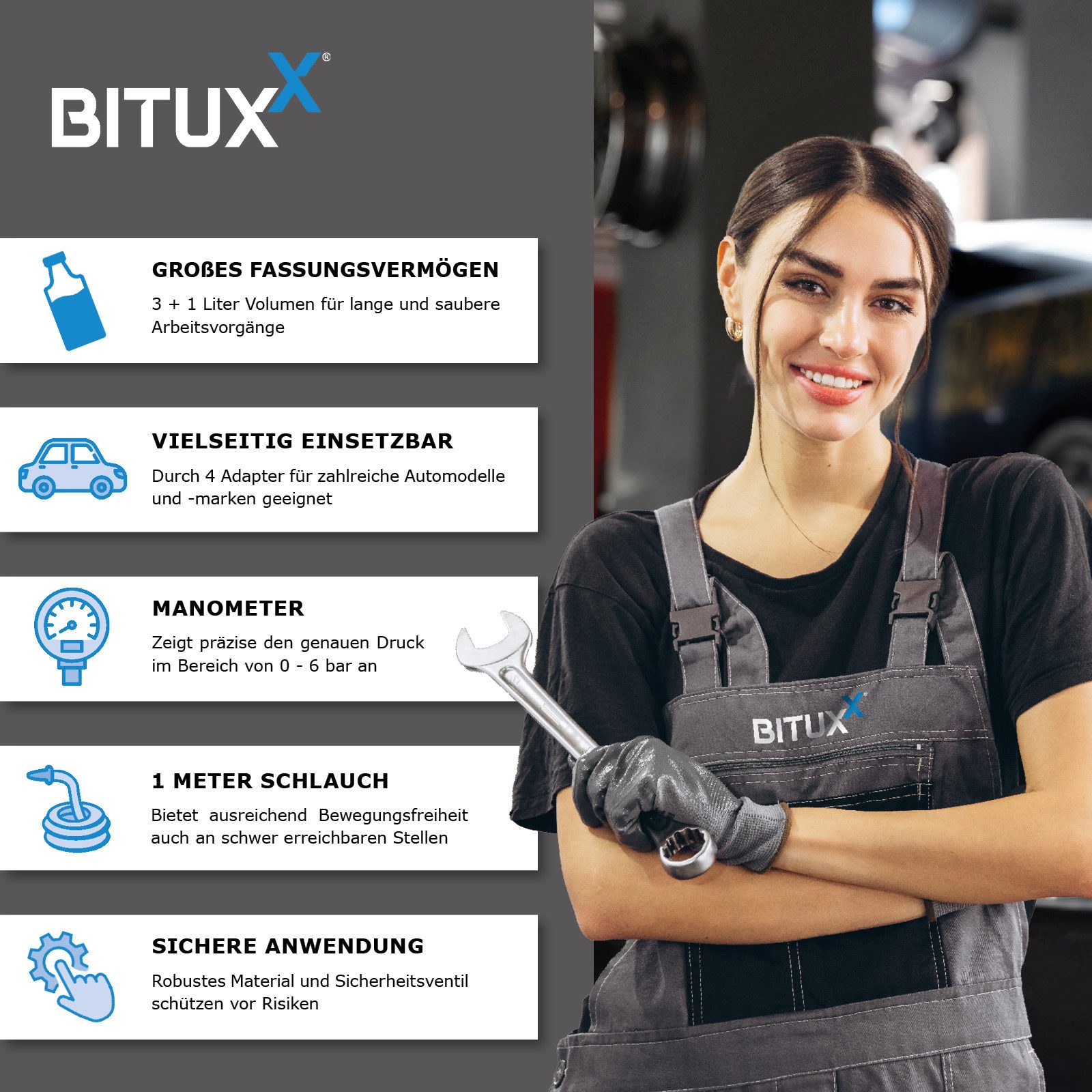 Bituxx Bremsscheiben-Richtwerkzeug Bremsenentlüftungsgerät mit Ausgleichsbehälter und 4 Adaptern – Bild 4 von 5