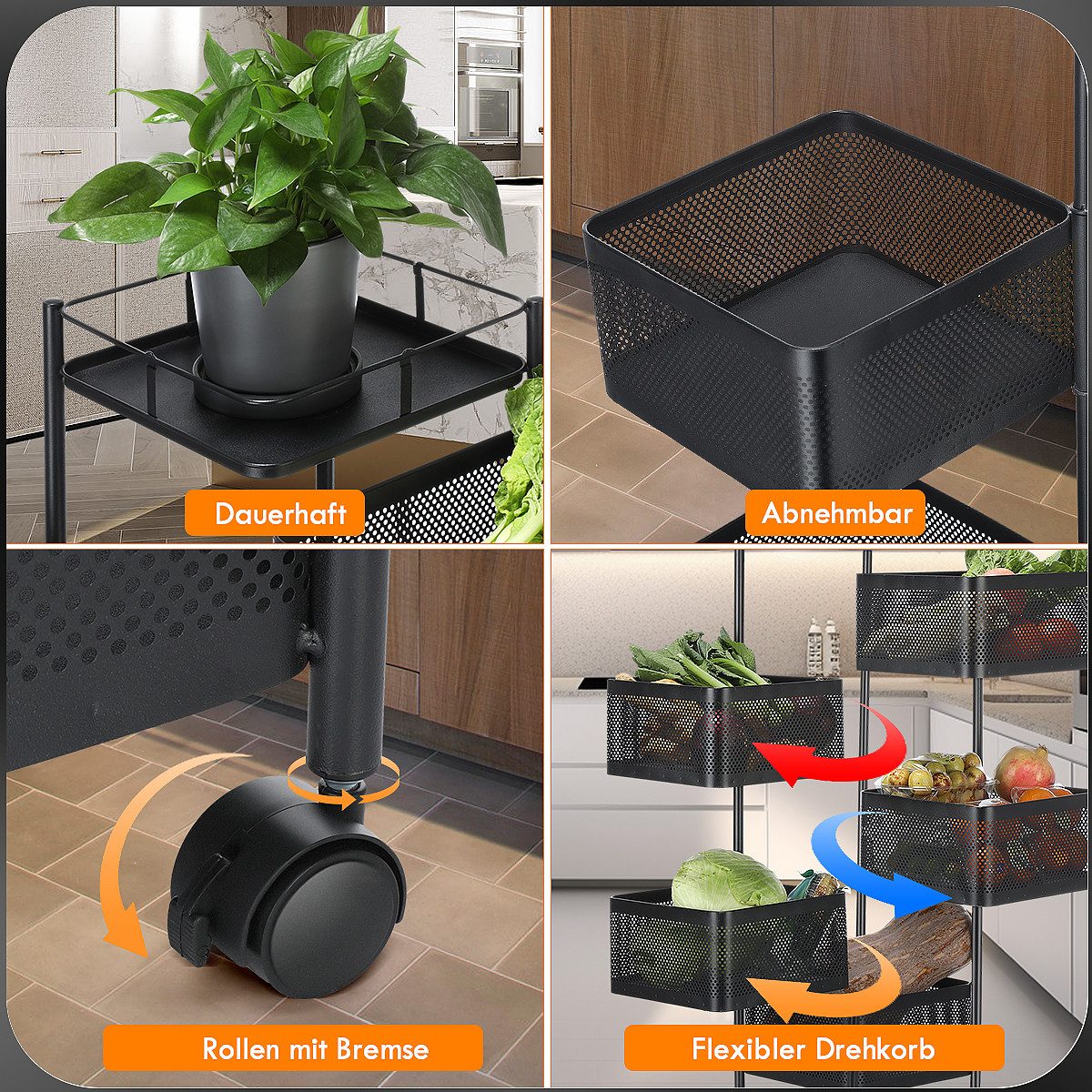 oyajia Küchenregal 6-Stöckiges Küchenregal mit Rollen, Drehbaren Körben, Stahl Obstregal, Metall Aufbewahrungsregal, Standregal, Gemüseregal, 5 Körbe 1-tlg., Flexibler, Langlebiger Rollwagen Ideal für Küche,Bad,Büro, 27x27x94 cm