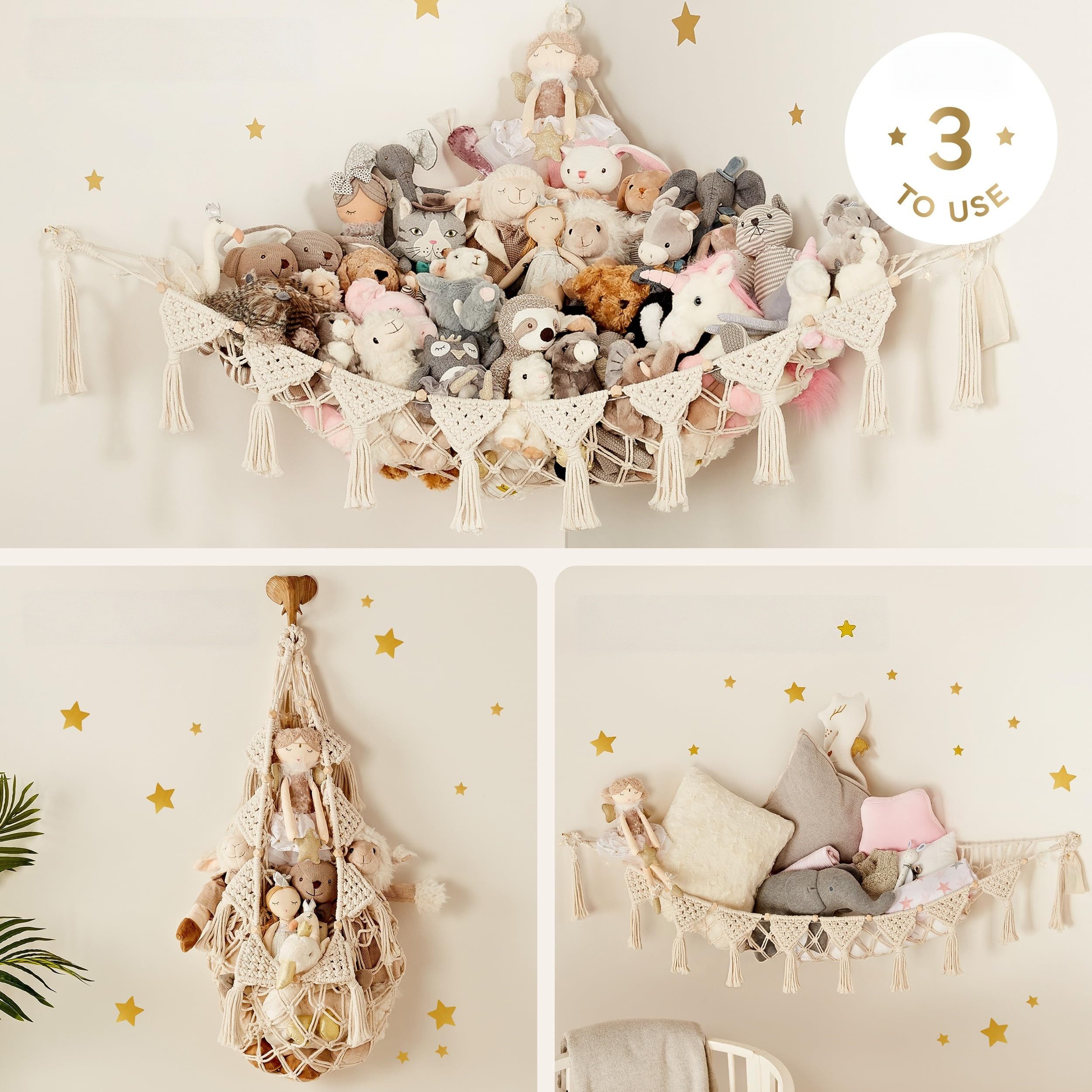 FOUORTUNATE-BEE Hängekorb Hängende Spielzeugaufbewahrung Netz für Kuscheltiere im Kinderzimmer, Boho Spielzeugnetz für Kuscheltiere, Ecken, Wände und Türen – Bild 2 von 5