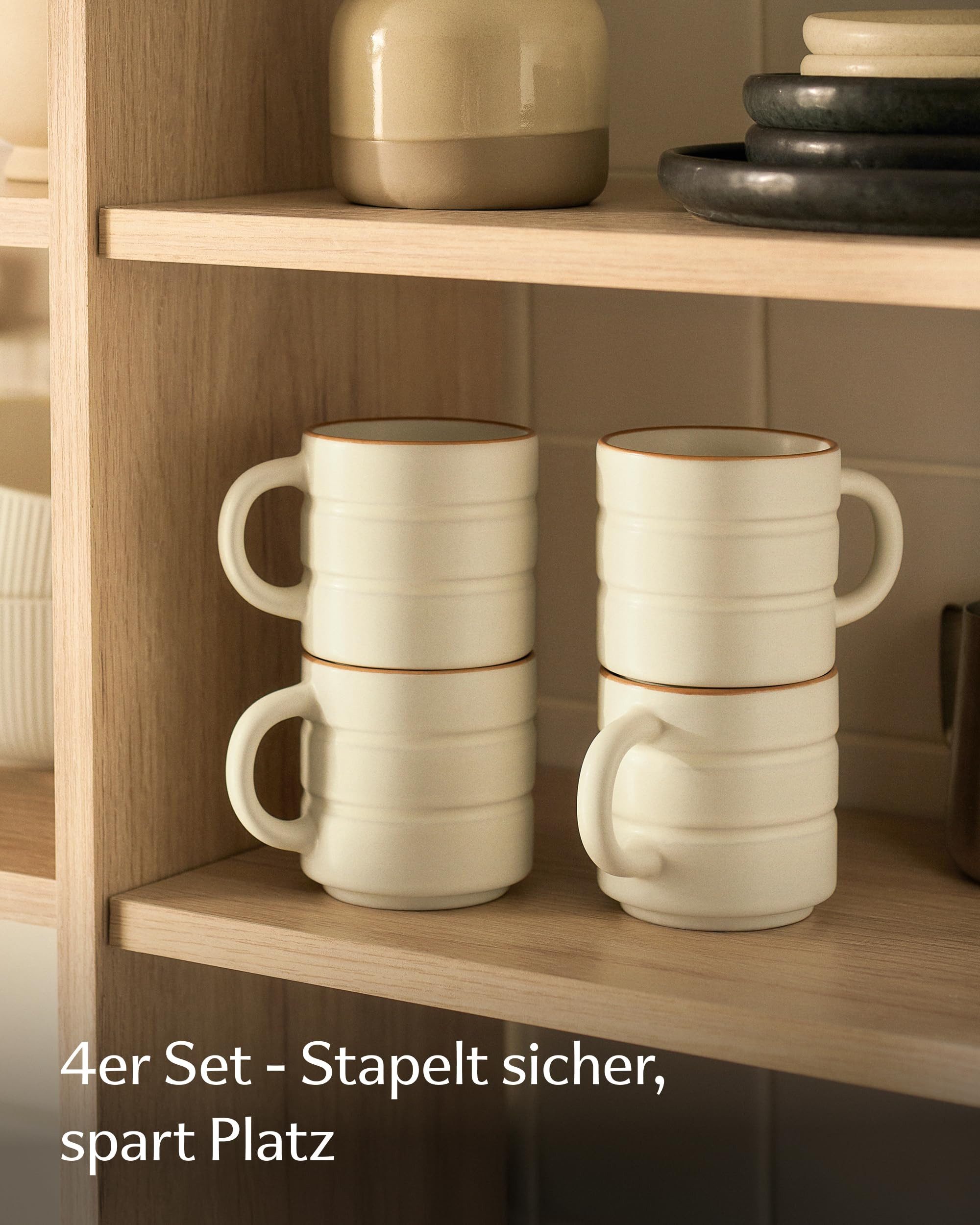 Cosumy Tasse Kaffeetassen Set 4 St. horizontal stapelbar Keramik - Rillenoptik, 4-tlg., Keramik, horizontal stapelbar, Rillenoptik, dickwandige Keramik, 4er-Set – Bild 2 von 5