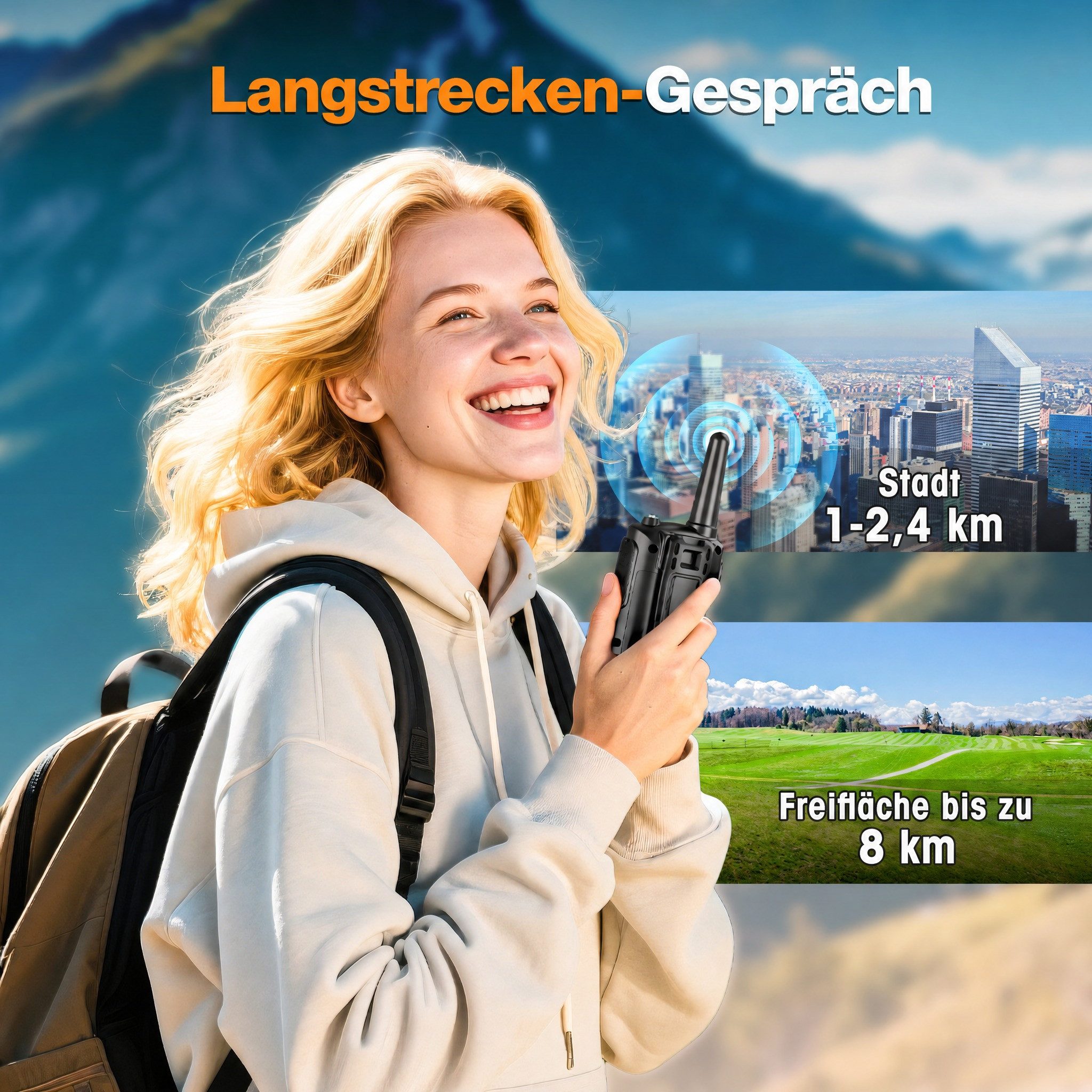Wootoy Walkie Talkie Kommunikationsgerät Funkgeräte Walkie-Talkies Spielzeug, (Reichweite von bis zu 5 Meilen (ca. 8 km) unter günstigen Bedingungen, 2-St., mit 1200-mAh-Akku 22 Kanäle und 121 Subkanäle LED-Taschenlampe), Ideal für Familien Camping Wandern Reisen andere Outdoor-Aktivitäten