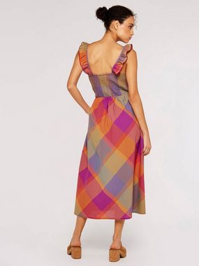 Apricot Midikleid mit Karomuster, gesmokt