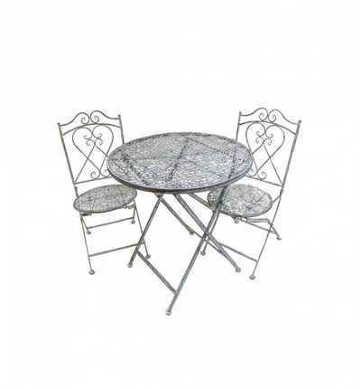 PassionMade Sitzgruppe Gartenmöbel Set Metall grau Shabby Gartenstühle Gartentisch 807, (Set, 2 Stühle, 1 Tisch), Garnitur im Antiklook Shabbychic