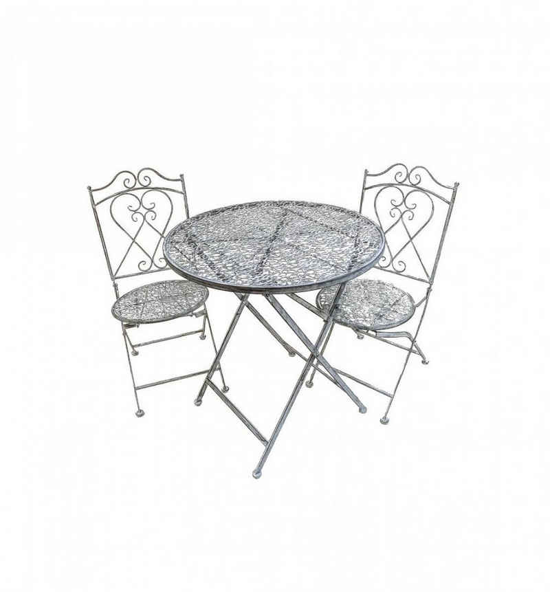 PassionMade Sitzgruppe Gartenmöbel Set Metall grau Shabby Gartenstühle Gartentisch 807, (Set, 2 Stühle, 1 Tisch), Garnitur im Antiklook Shabbychic