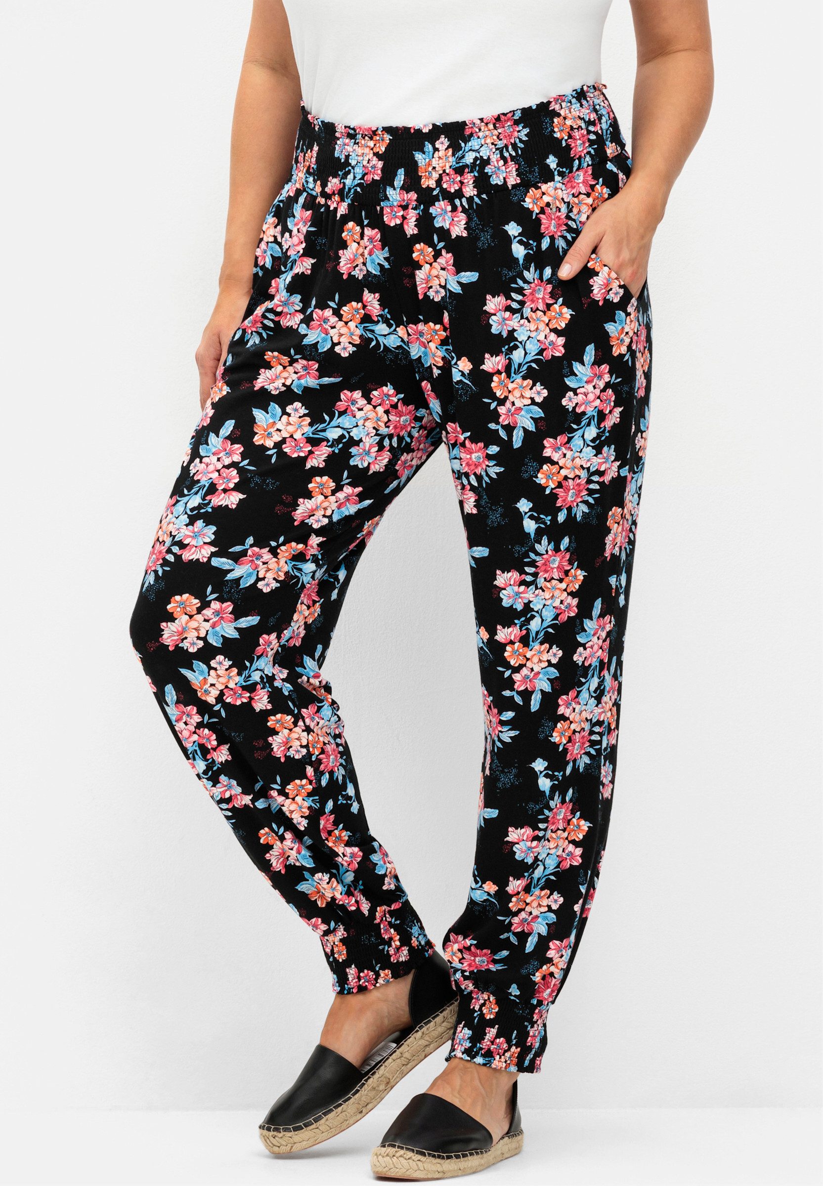 Sheego Jerseyhose Schlupfhose . mit Blumendruck und Smok-Abschlüssen günstig online kaufen