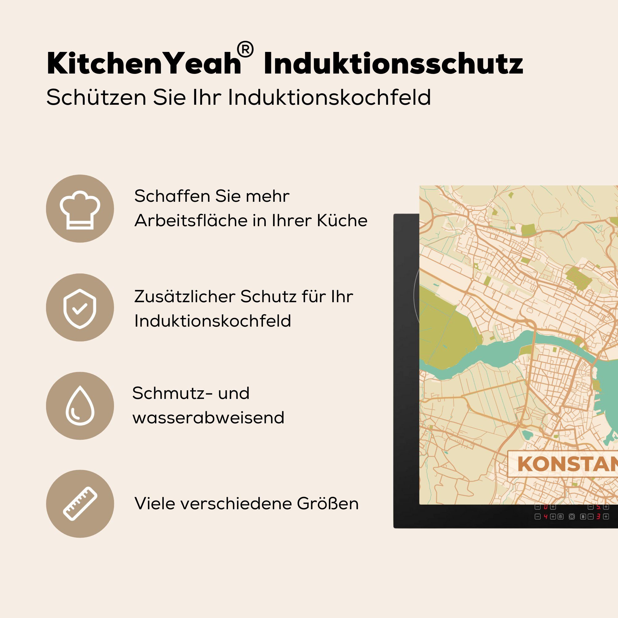 MuchoWow Herdblende-/Abdeckplatte - Vintage 78x78 Vinyl, Karte Arbeitsplatte für - Stadtplan, (1 Konstanz cm, Ceranfeldabdeckung, tlg), küche 