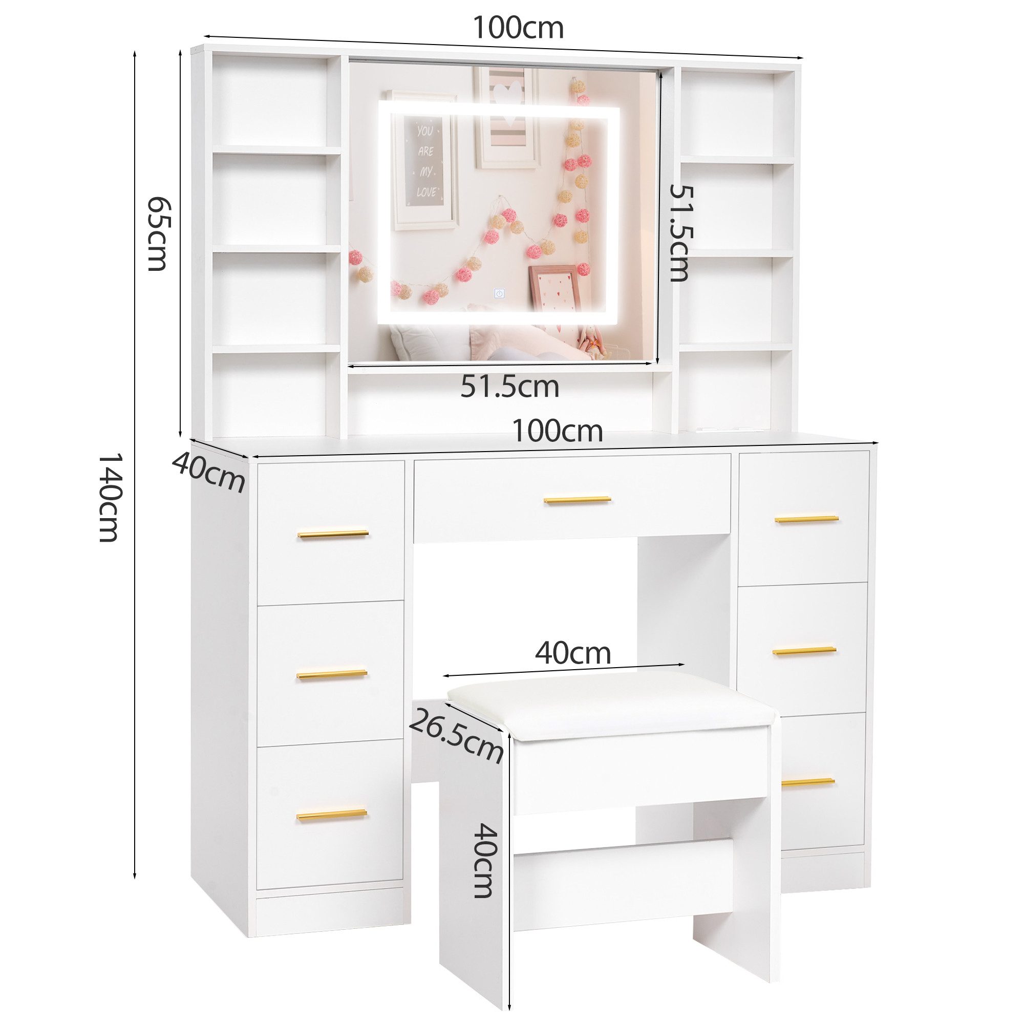 BEWISHOME Schminktisch mit Spiegel und Hocker, Ladestation, 7 Schubladen, LED-Beleuchtung (1-St), 100 x 40 x 140cm