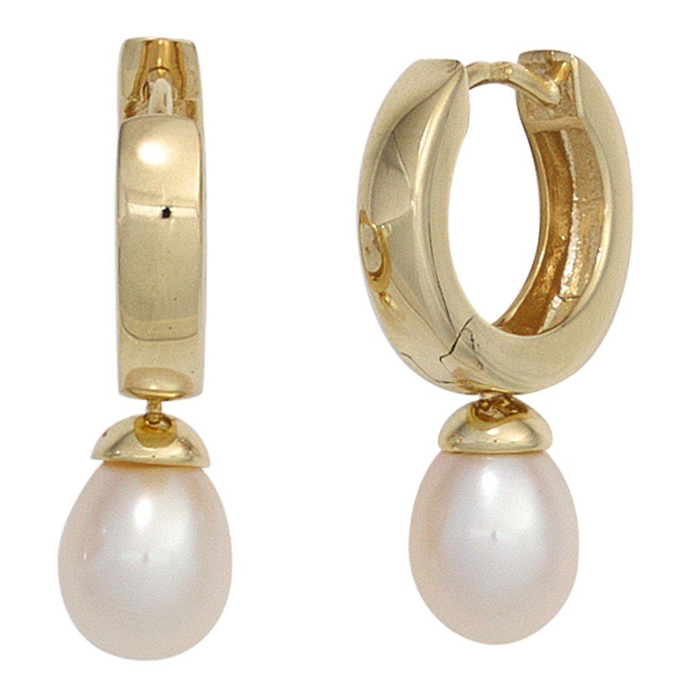 Schmuck Krone Paar Creolen Creolen Ohrringe Ohrhänger Süßwasser Perlen weiß 333 Gold Gelbgold Goldohrringe, Gold 333