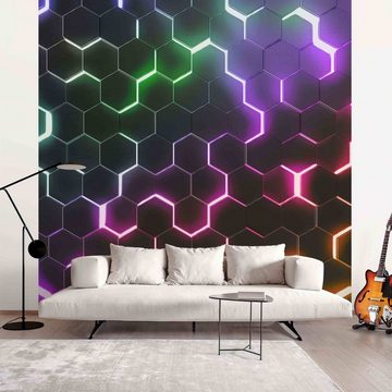 Bilderdepot24 Fototapete Gamer Hexagone Neonlicht Wanddeko Modern Kunst 3D-Effekt, Glatt, Matt, (Vliestapete inkl. Kleister oder selbstklebend), Jugendzimmer Gaming Zimmer Tapete Wohnzimmer Vliestapete Wandtapete