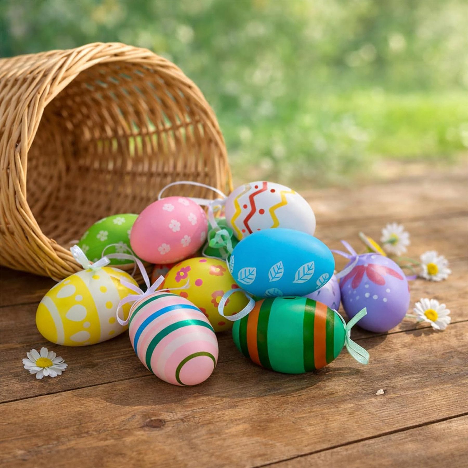 Mutig Osterei Ostereier zum Aufhängen,24 Stück Ostereier aus Kunststoff (mit Schnur zum Aufhängen Gesprenkelte Hängedeko, Osterdeko in Schönen Pastellfarben), Deko Ostern für den Osterstrauß mit Motiv-Größe: 6 cm