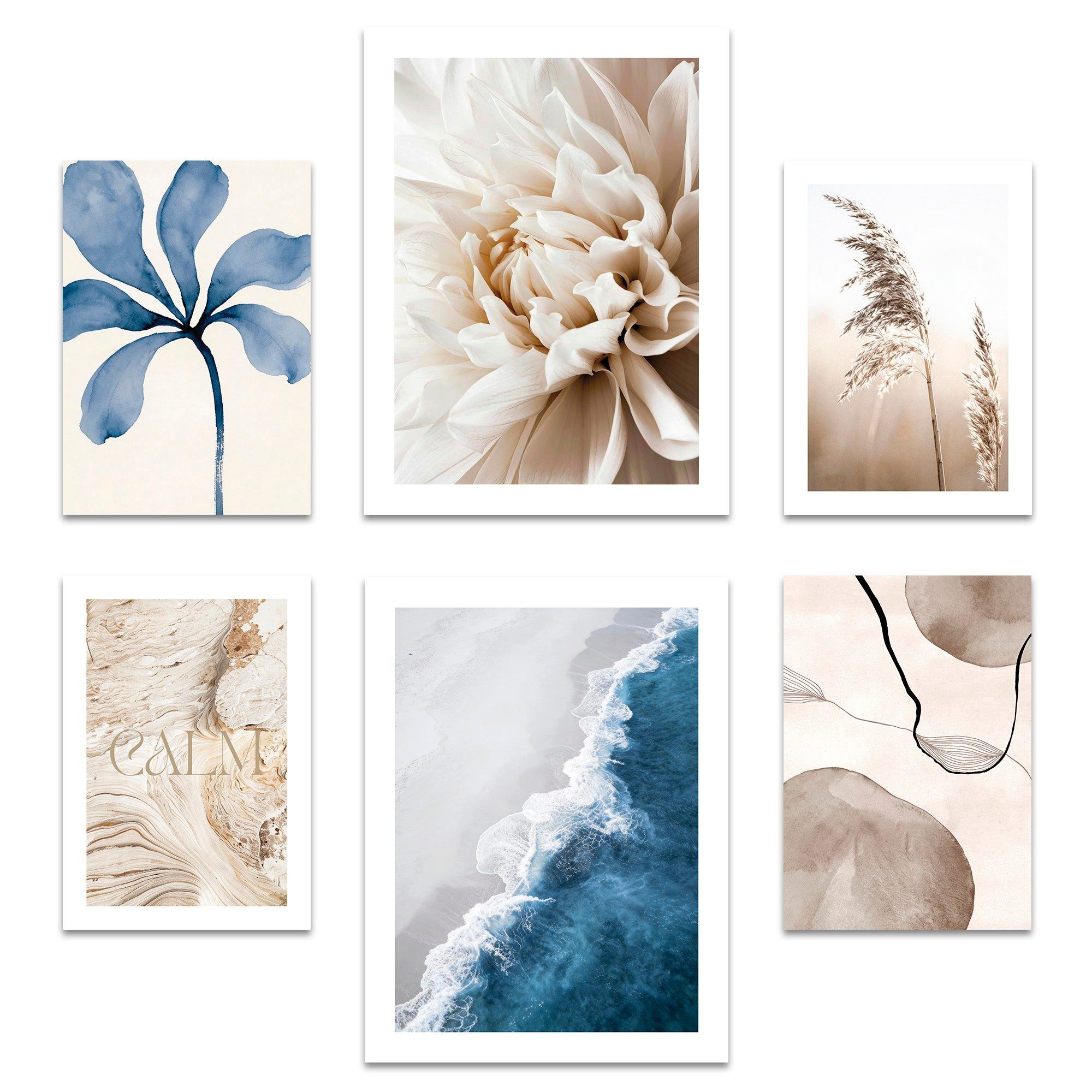 ARTFAVES Bilder-Collage Poster Set Beige Blue Calmness I mehrteilige Bilderwand I Wandbilder M, (Wandbilder modern, 6 St)