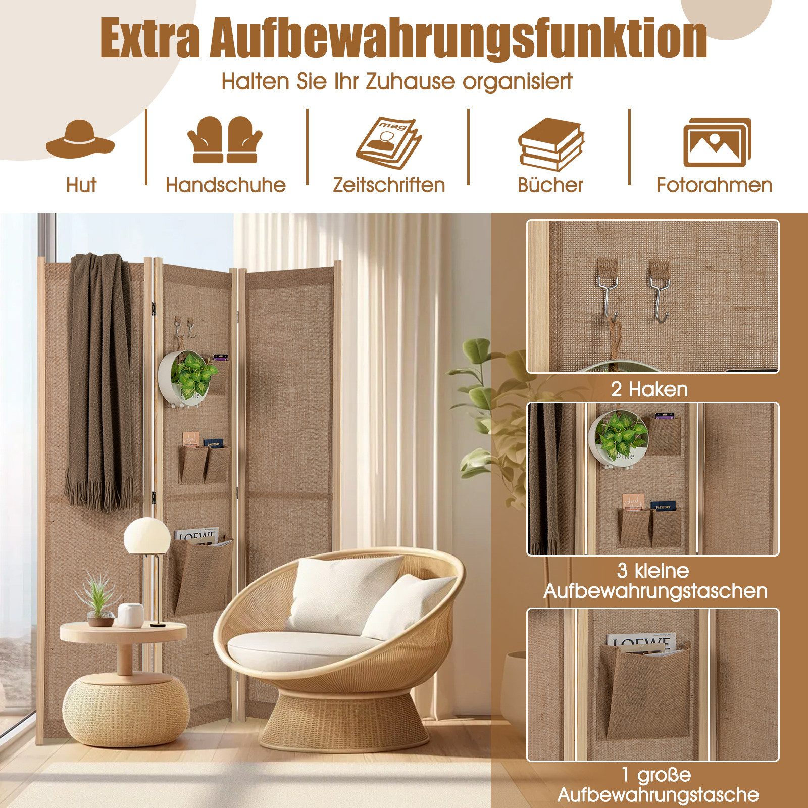 COSTWAY Paravent, 170x121cm, 3tlg. Raumteiler mit Haken, klappbar