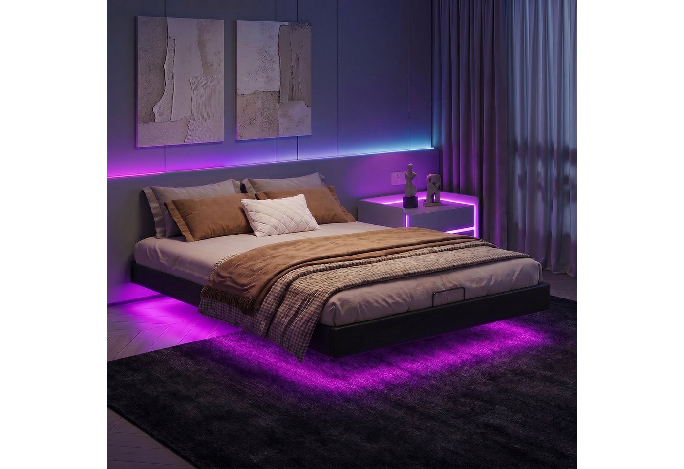 Furnishings Home Polsterbett Polsterbett hydraulisches Doppelbett mit Stauraum + LED-Licht (Set, Bett), Hausbett, mit Bettkasten 160x200cm PU