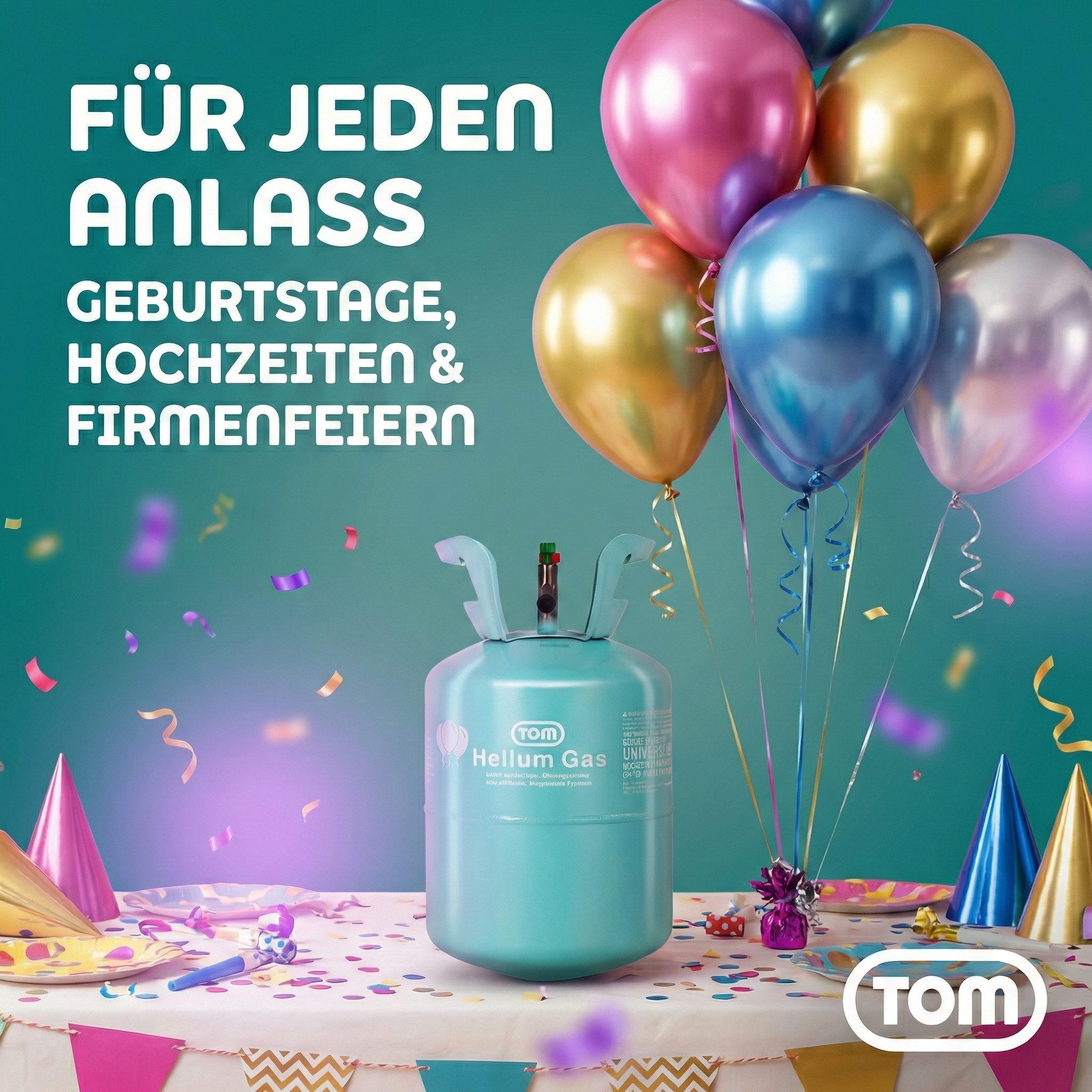TOM Helium Ballongas Heliumgas für bis ca. 30 Ballons Luftballons, Einfalldüse, 7 Liter, Europa, Fülldruck 40 bar bei 15 °C