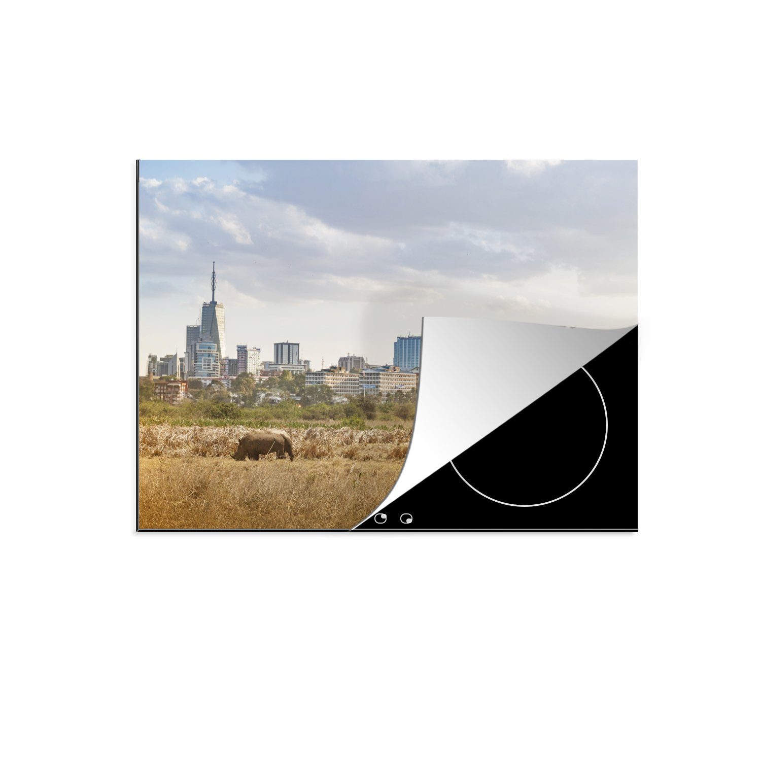 MuchoWow Herdblende-/Abdeckplatte Nashörner spazieren vor der Skyline von Nairobi, Kenia, Vinyl, (1 tlg), 70x52 cm, Mobile Arbeitsfläche nutzbar, Ceranfeldabdeckung