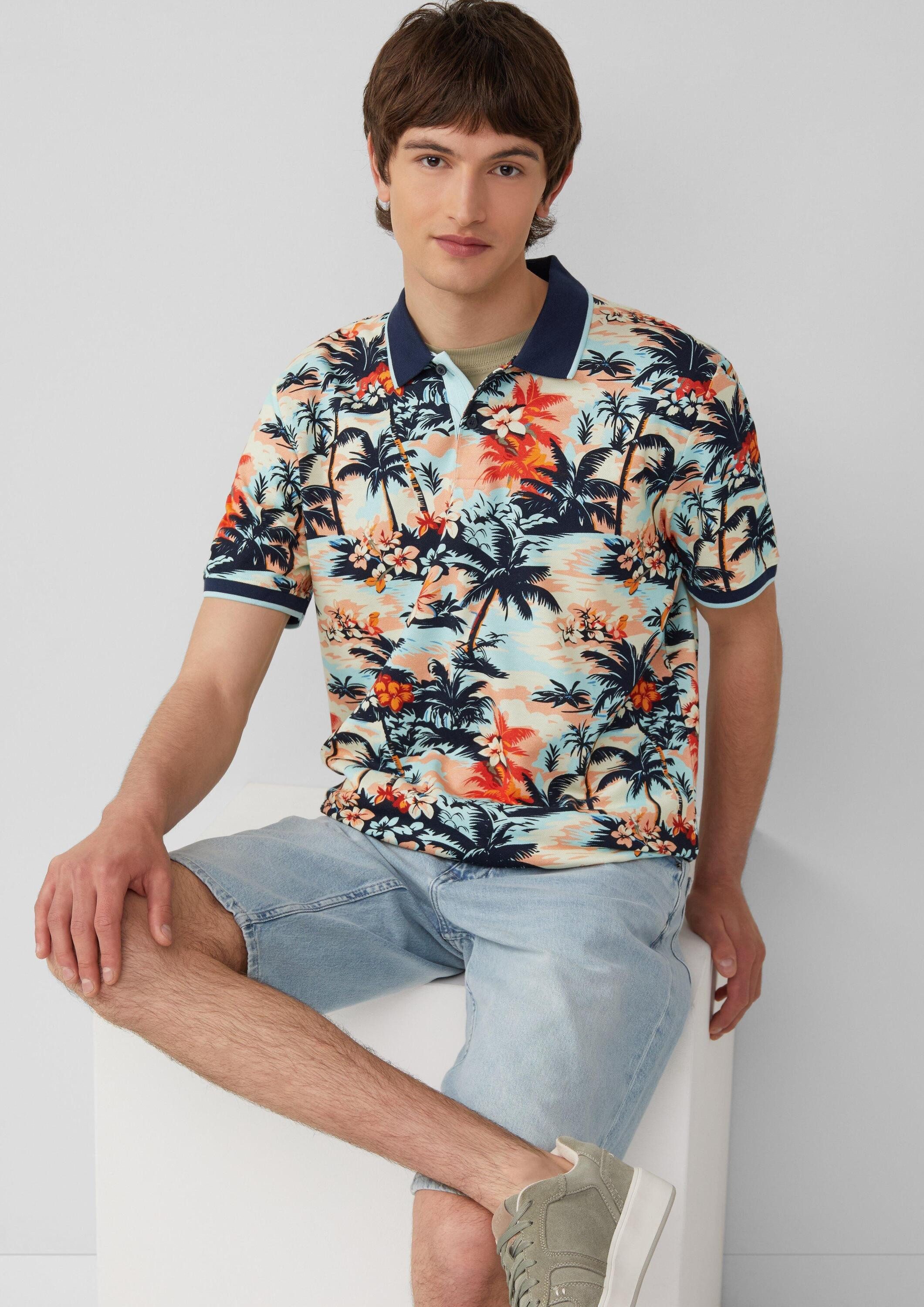s.Oliver Kurzarmshirt Polo-Shirt Poloshirt aus Baumwolle mit All-over-Print günstig online kaufen
