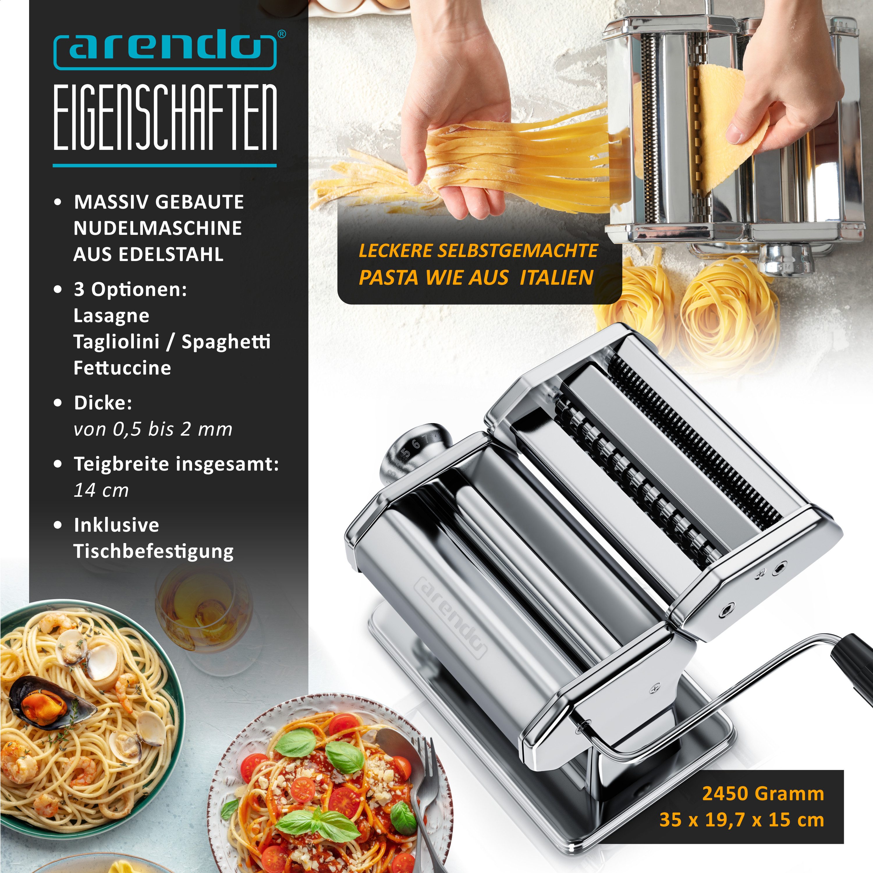 Arendo Nudelmaschine Manueller Pasta Maker, Edelstahl, Nudelpresse, 7 einstellbare Stärken, Duplexvorsatz für Spaghetti, Tagliatelle, Lasagne - 2mm und 6mm