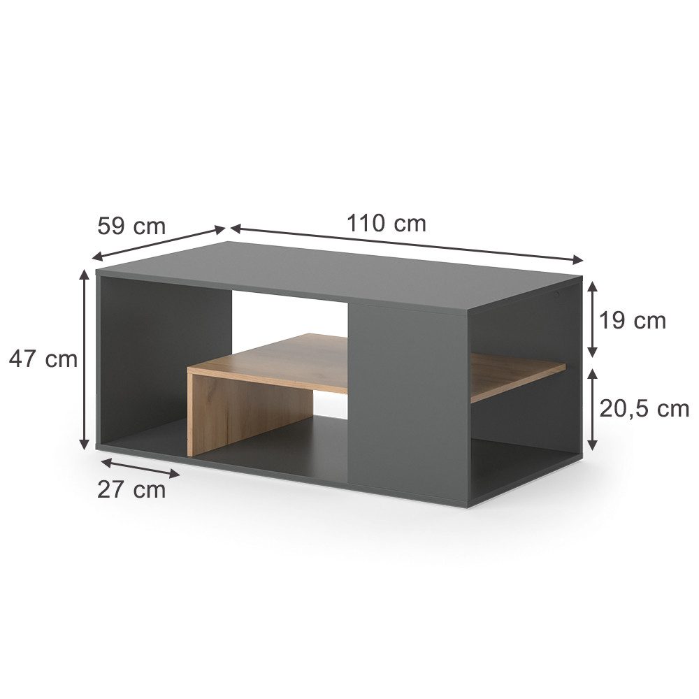 Vicco Couchtisch Edgar, Anthrazit/Goldkraft Eiche, 110 x 59 cm (1-St)