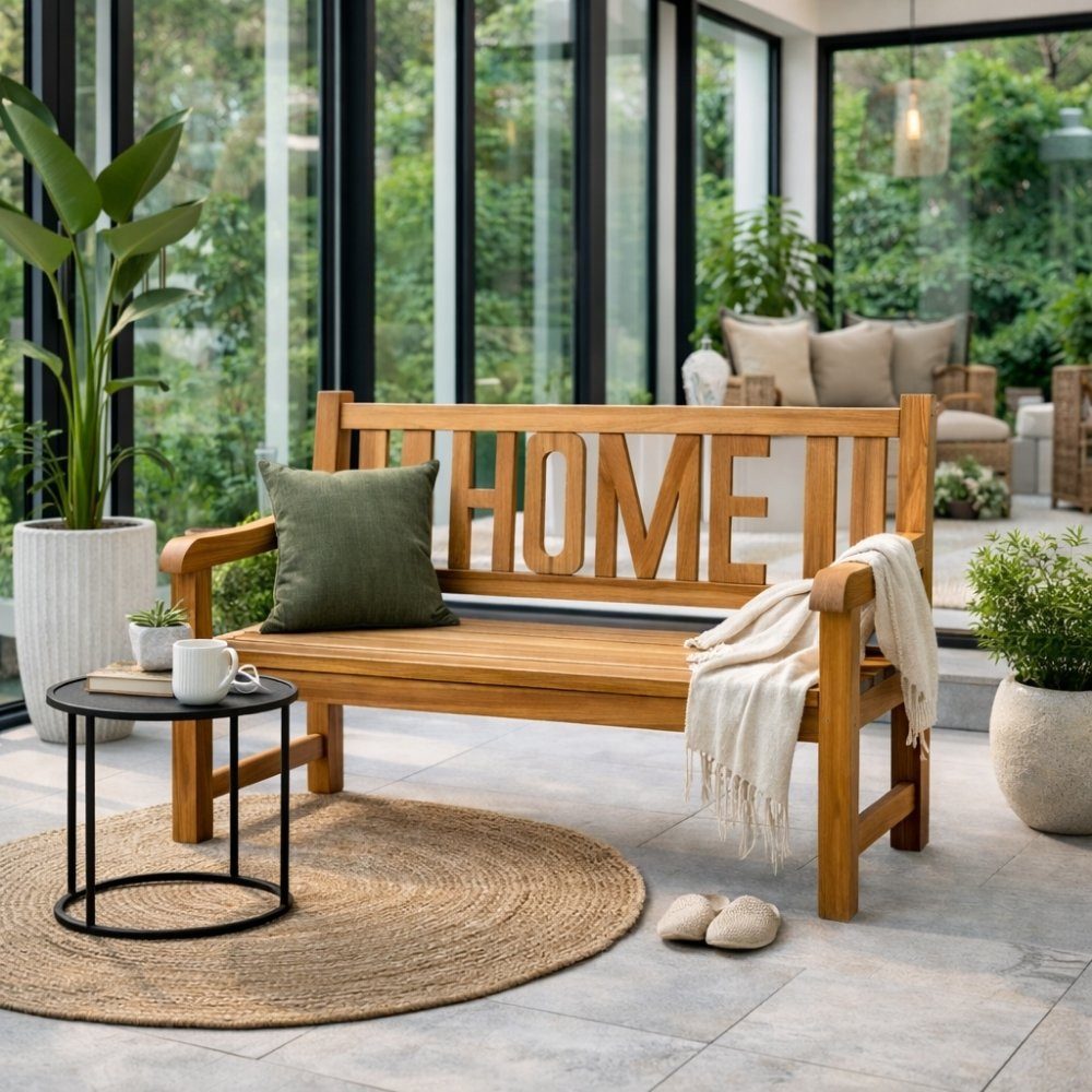 LebensWohnArt Sitzbank Massivholz Teak Sitzbank HOME 120cm Gartenbank Holzbank