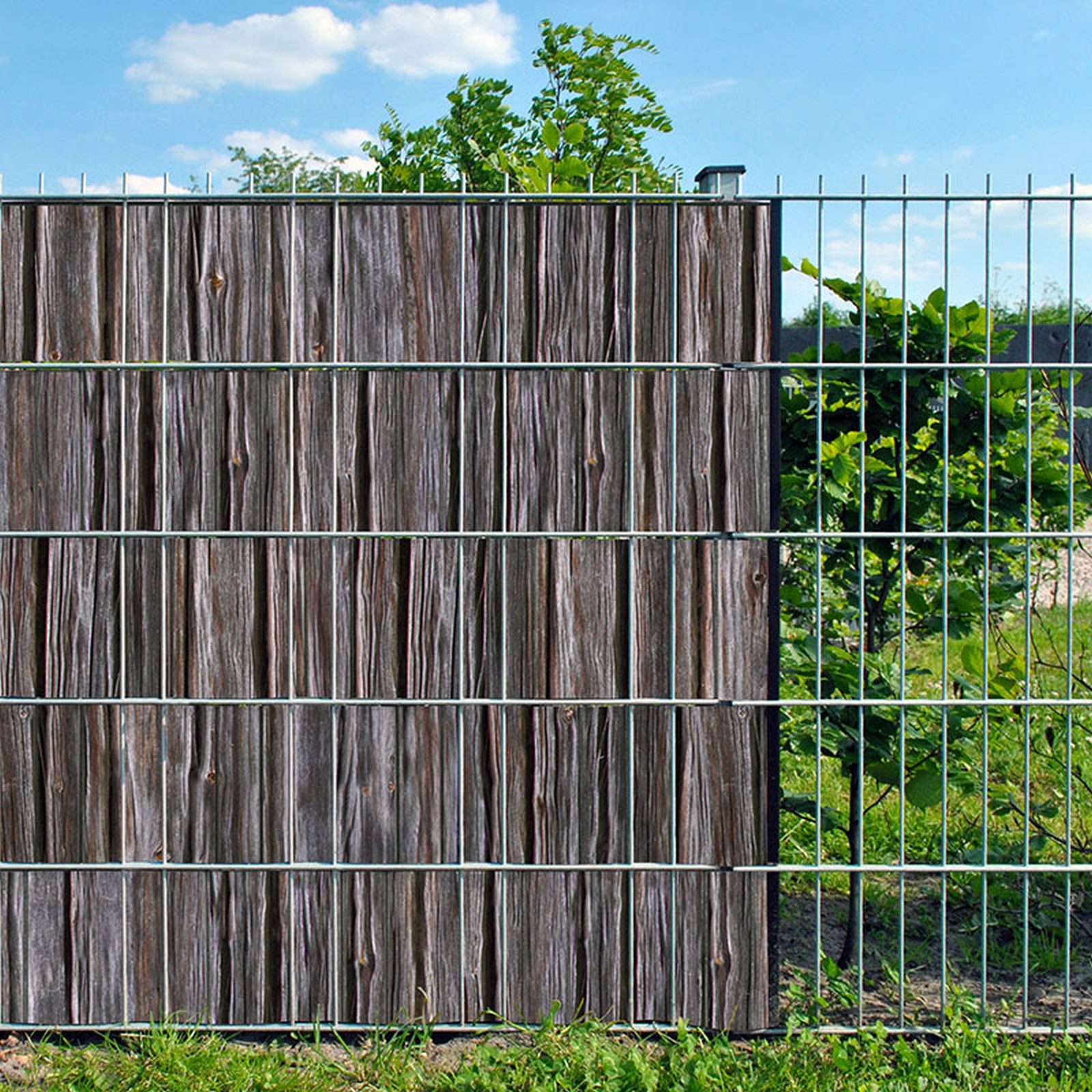 zaunzu Sichtschutzstreifen Holzbohle bedruckter Sichtschutz 2,5m x 2,0m, (1 Rolle, Motivdruck Sichtschutzstreifen), Beidseitiger Druck für Doppelstabgitter