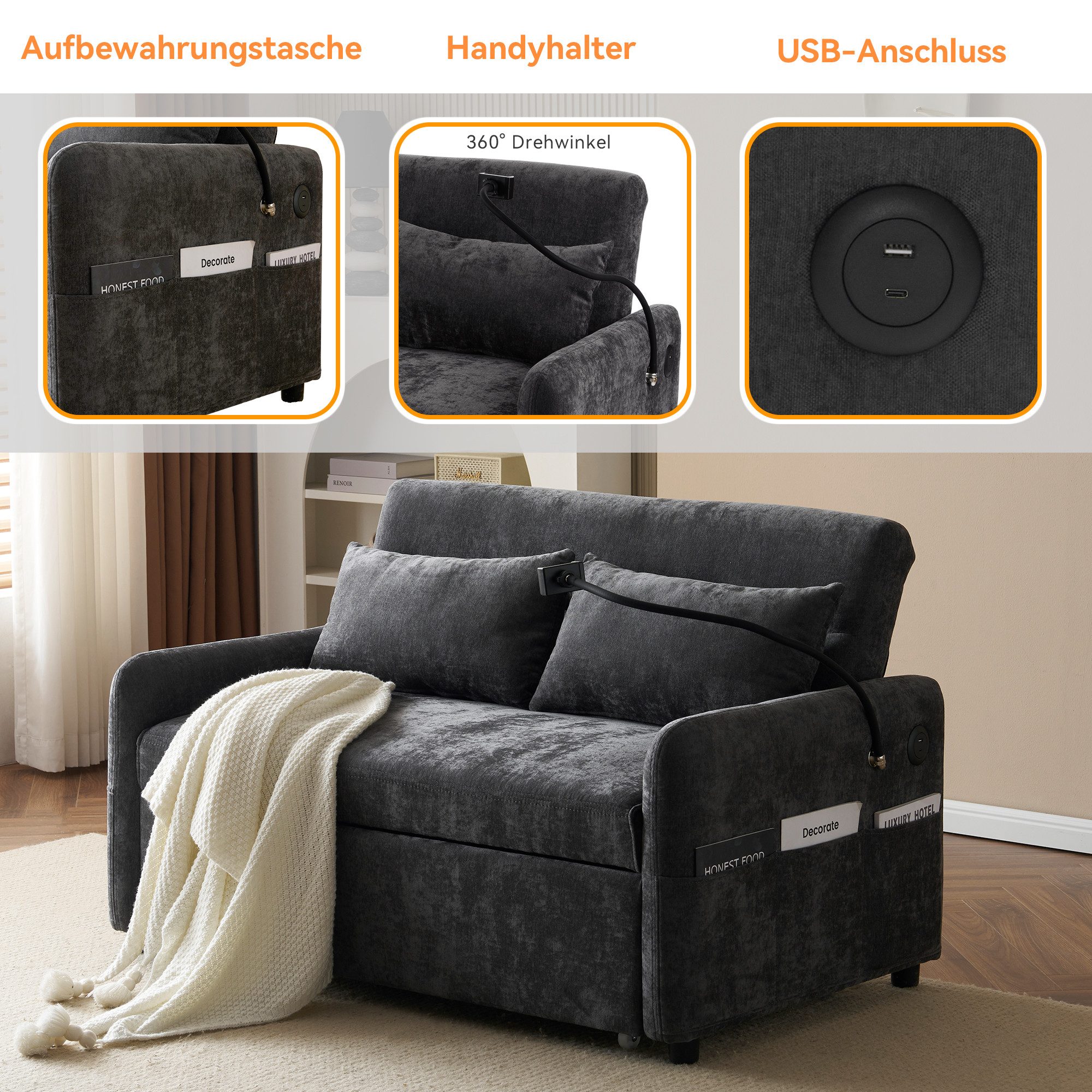 i@home Schlafsofa Doppel-Klappschlafsofa, Multifunktionssofa, Dunkelgrau/Be günstig online kaufen