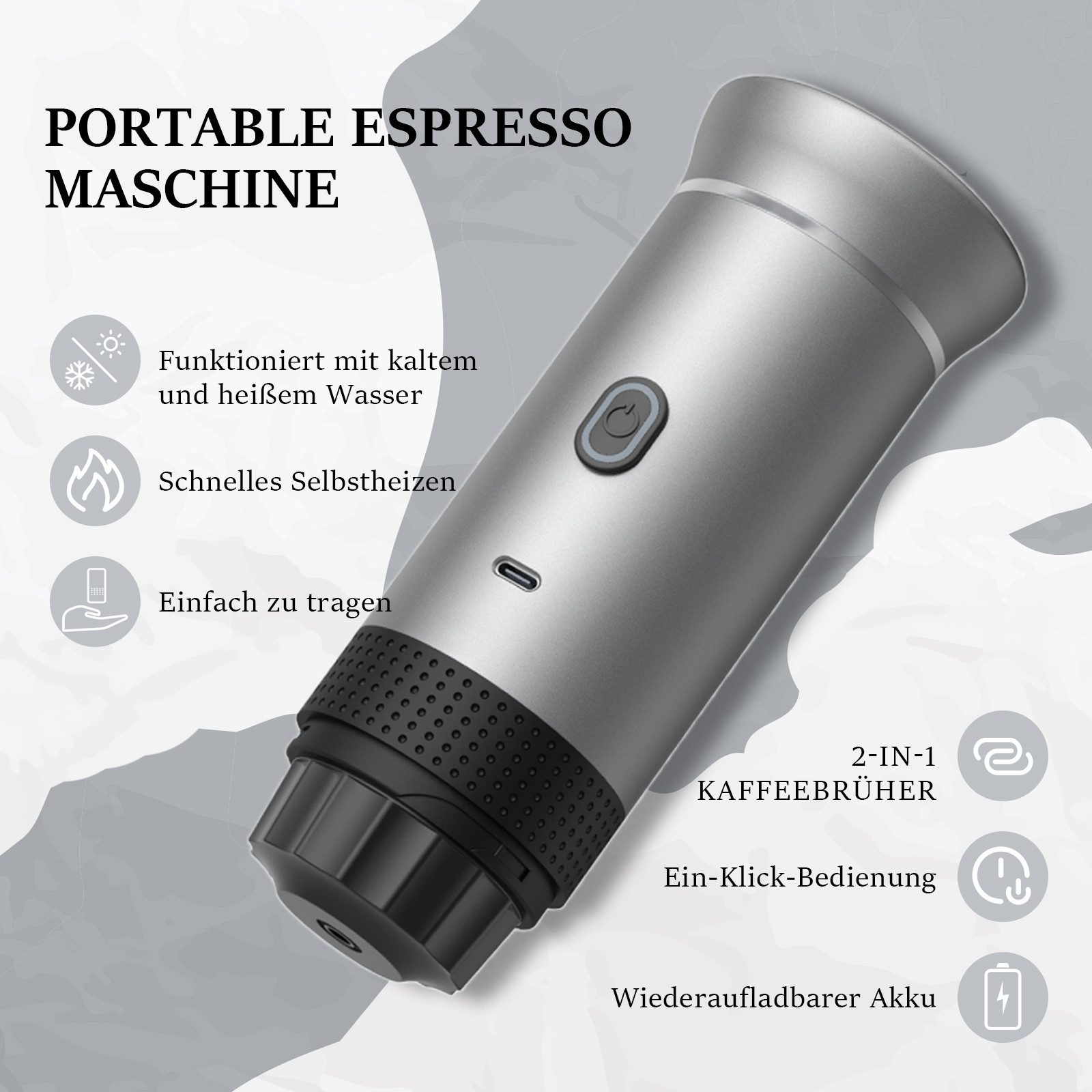 Pdgrid Reisekaffeemaschine, 2 in 1 Camping-Kaffeemaschine Portable Capsule Coffee Machine, For USB-C Self-Heating 20 Bar