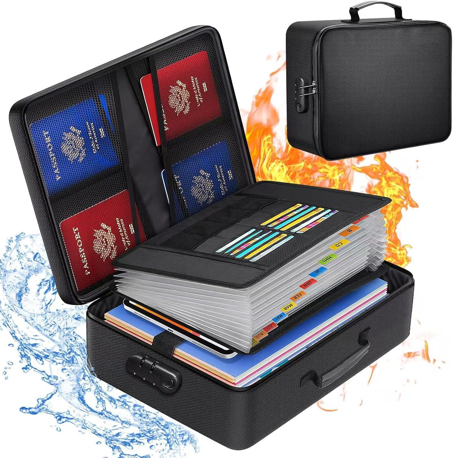 ibettertec Dokumententasche Feuerfeste Dokumentenmappe mit Zahlenschloss,Ordner mit 13 Fächern (für Dokumente, Reisepässe und Wertsachen), Dokumententasche,handtasche,wasserdicht,36 × 27 × 10 cm