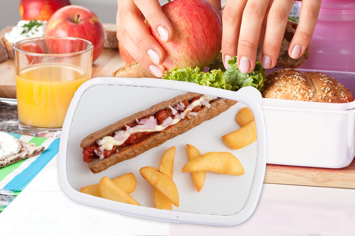 MuchoWow Lunchbox Kunststoff, mit für und und Erwachsene, Brotbox Mädchen Pommes Brotdose, für Gesegnete Frikandelspezialität einem frites (2-tlg), weißen, Kinder Jungs auf
