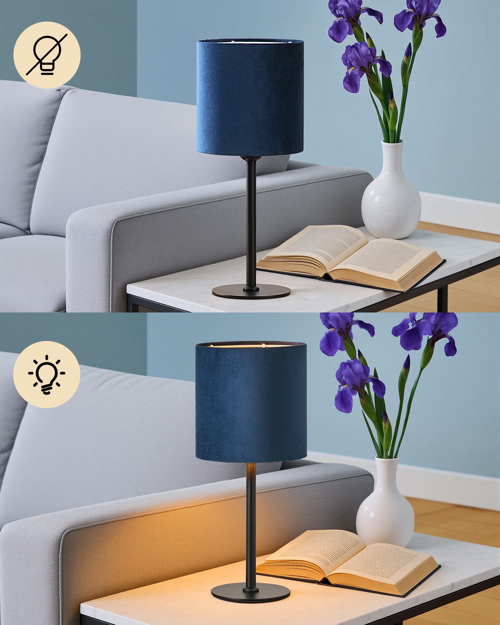 EDISHINE Nachttischlampe mit schwarzem Metallsockel und Samtschirm, LED wechselbar, Warmweiß, Blaue Vintage Tischlampe inkl. 2700K LED Leuchtmittel, 38cm – Bild 4 von 5