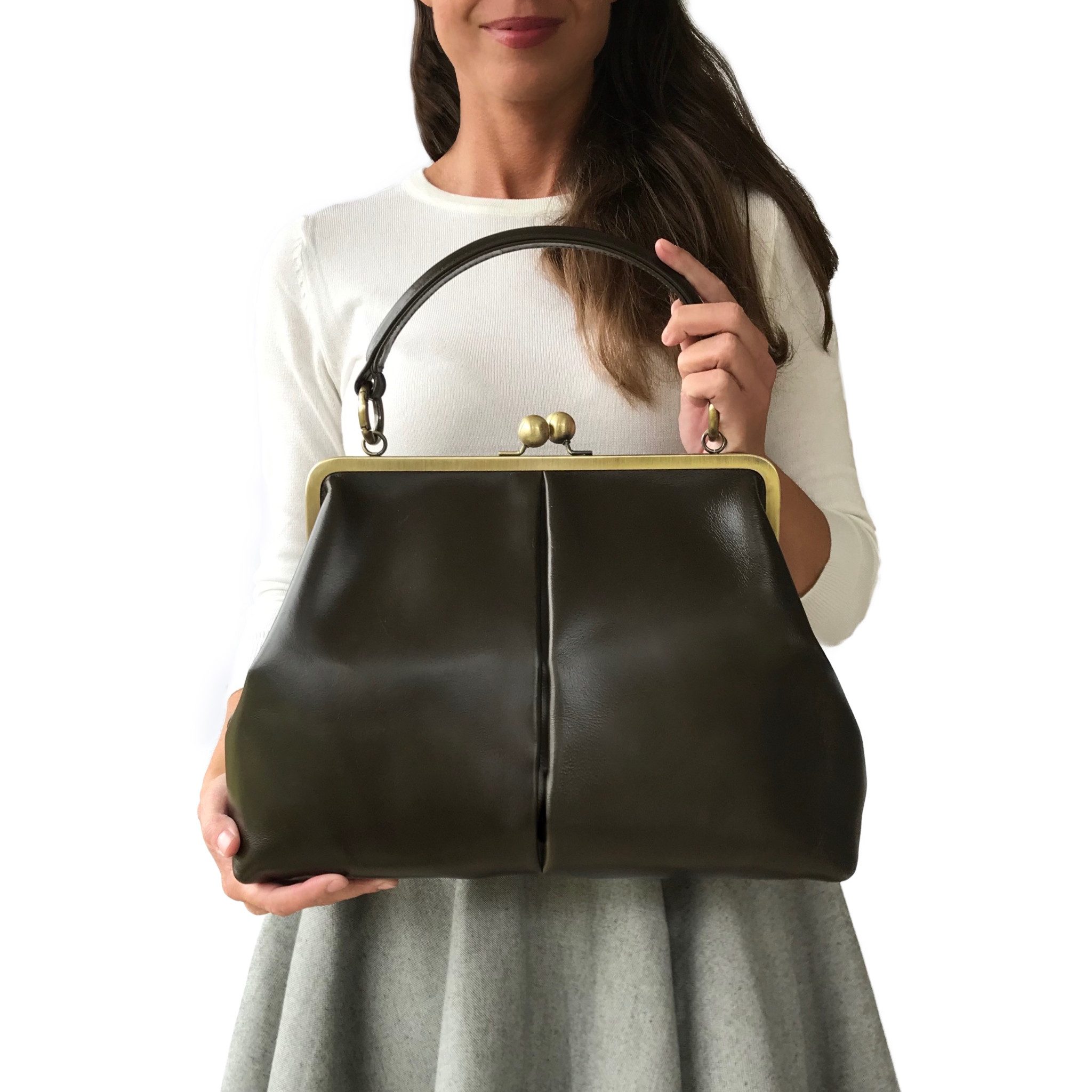 Taschenkinder Handtasche Damen Ledertasche "Vintage Olive" Henkeltasche und Schultertasche (einfach), Echtes Glattleder vom Rind