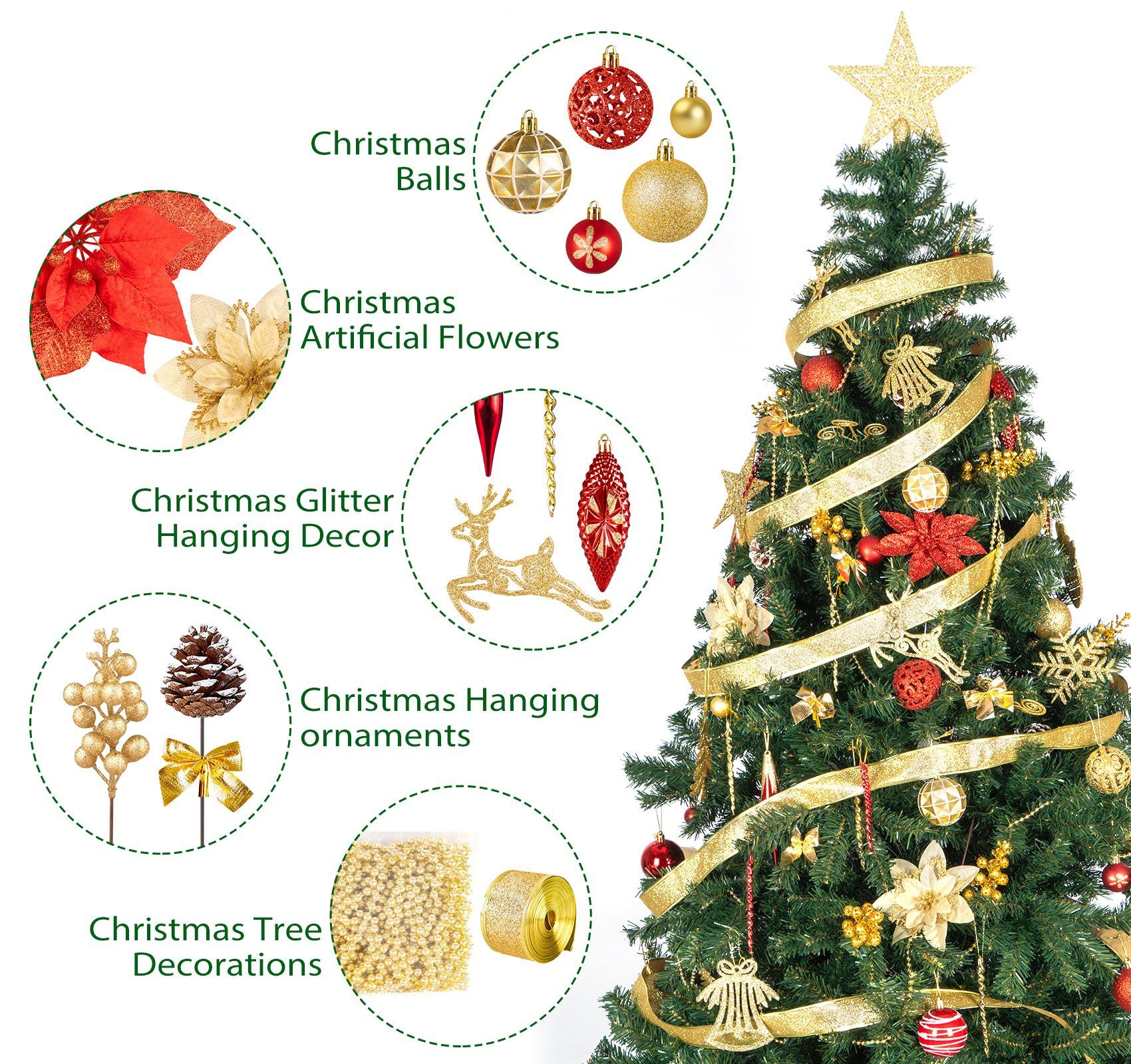 Christbaumschmuck Kugeln, Christbaumschmuck für Set Zimmer und Hänger Spitze, (163-tlg), Set Blumen, Ideale Dekoration Doko Weihnachtenschmuck Weihnachtsbaum 163tlg Homewit mit