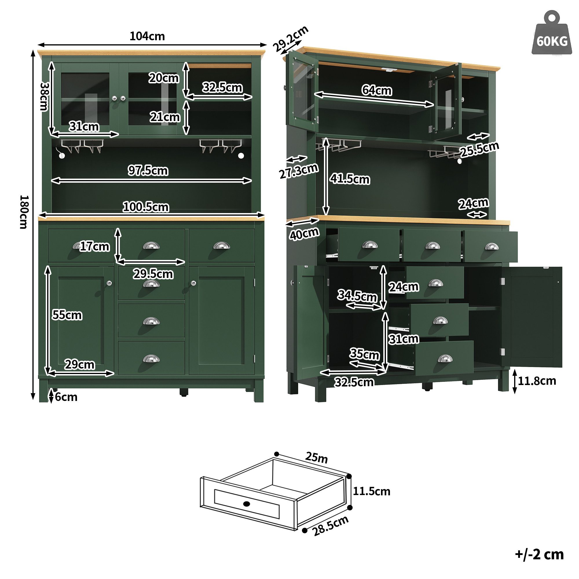 Flieks Küchenbuffet mit Arbeitsplatte in Holzoptik Natur & LED-Beleuchtung in Retro-Stil (1-St., B104/T40/H180 cm) Hochschrank Küchenschrank mit Gläserhalter, S – Bild 5 von 5