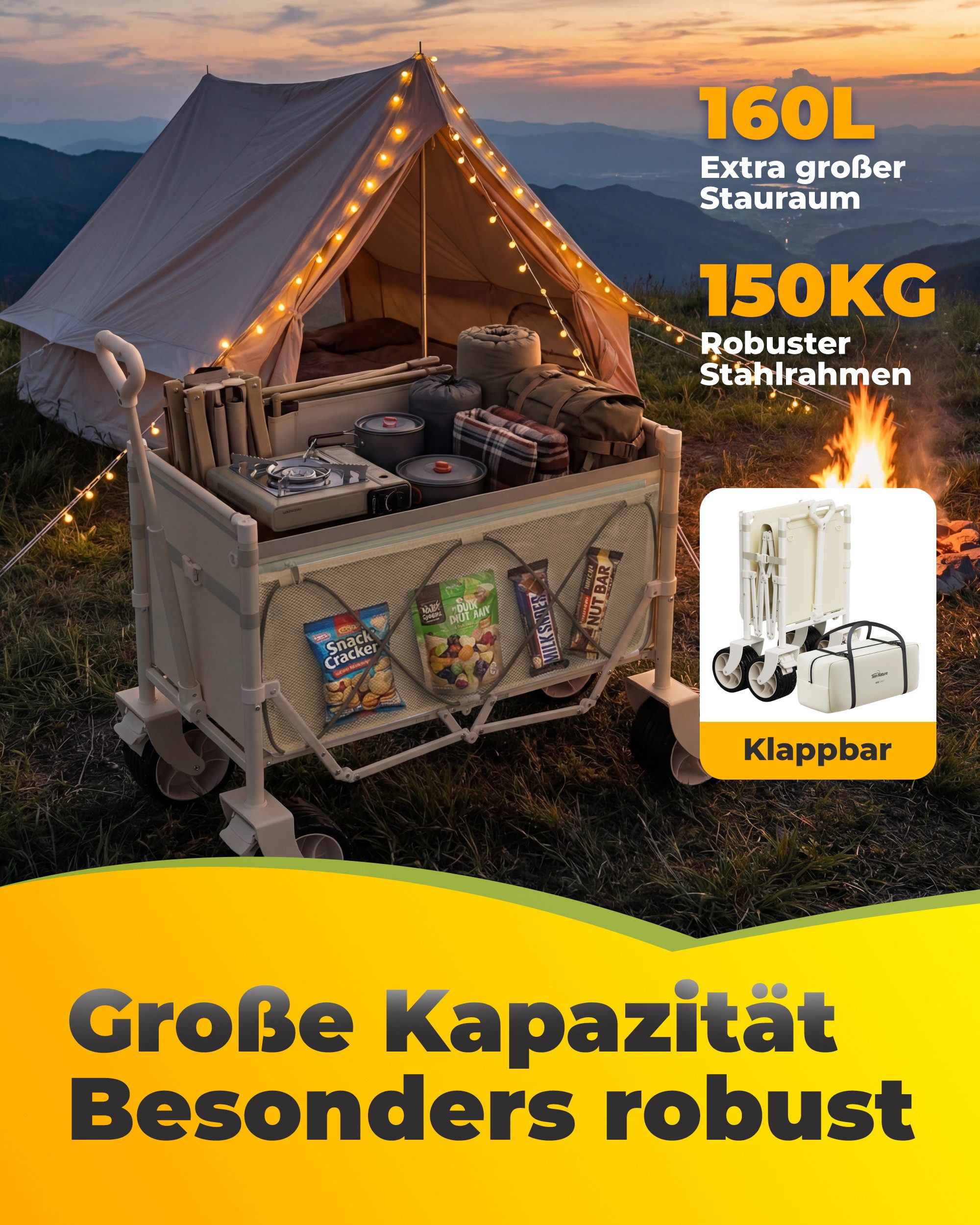 HOMECALL Bollerwagen 3-in-1 Bollerwagen Faltbar mit Tischplatte & Sonnendach für Sand-160L (bis 150kg UV50+ wasserdicht All-Terrain Räder, Großes Fassungsvermög – Bild 5 von 5