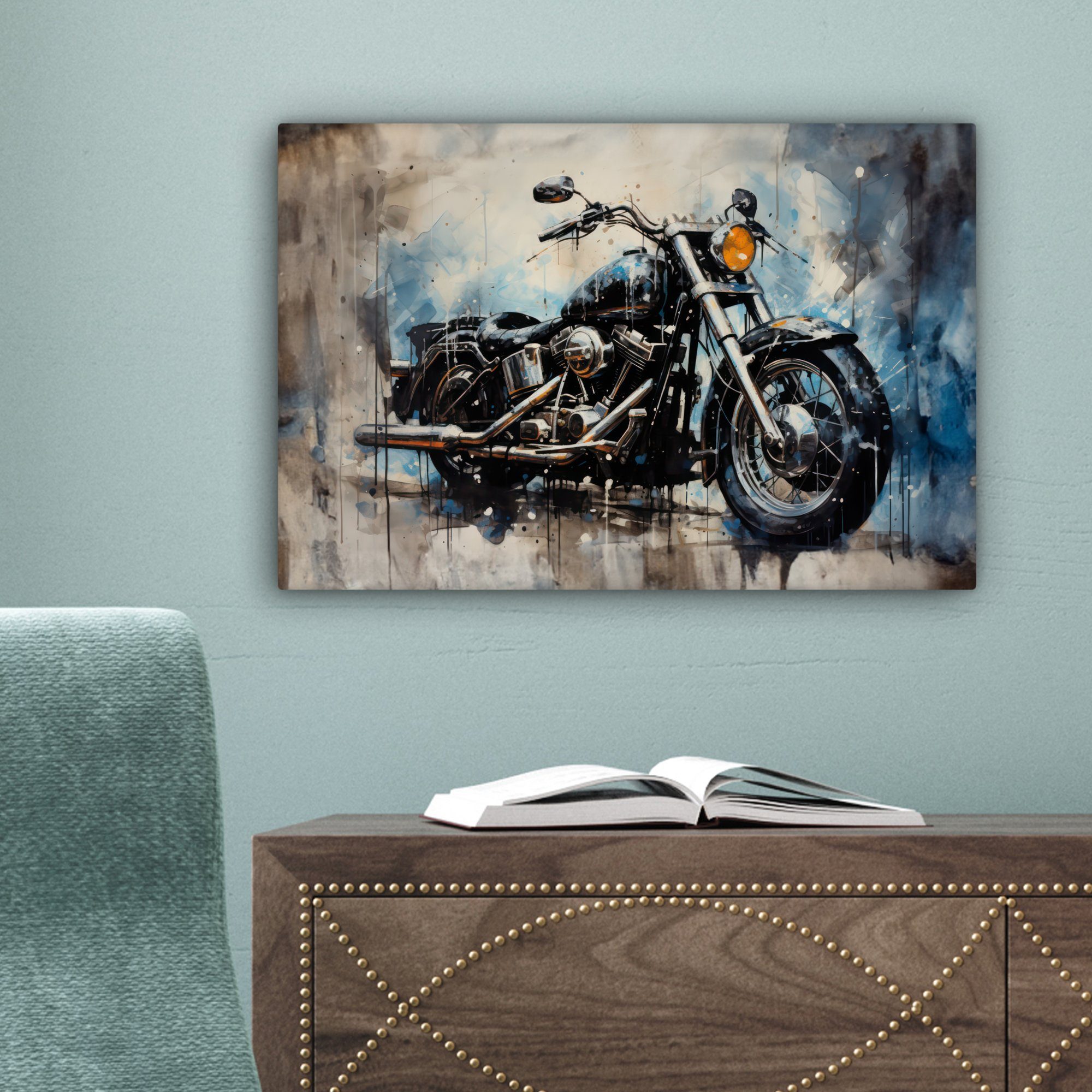 OneMillionCanvasses® Leinwandbild Motorrad Pastell - St), Fahrrad - Wanddeko, Weiß, - Aufhängefertig, - (1 30x20 Leinwandbilder, cm Wandbild Blau
