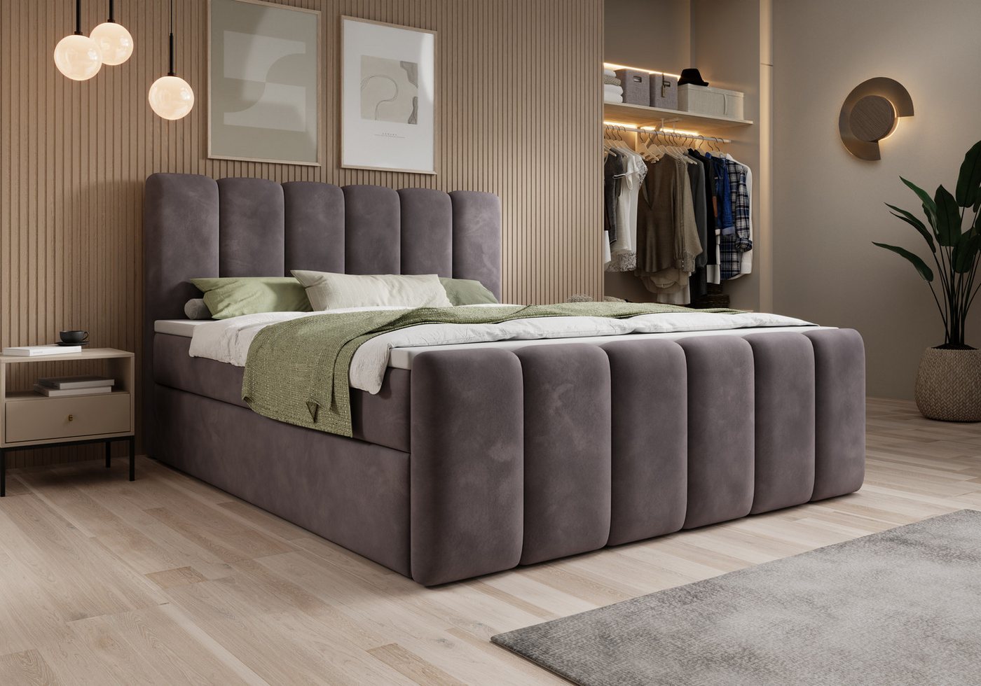 thematys Boxbett mit Bettkasten 140x200–200x200 cm – Velours oder Bouclé Bezug – (Polsterbett Bonnellfederkern Matratze H3 + Gratis 3cm Topper, Boxbett - Luxus Doppelbett mit Stauraum)