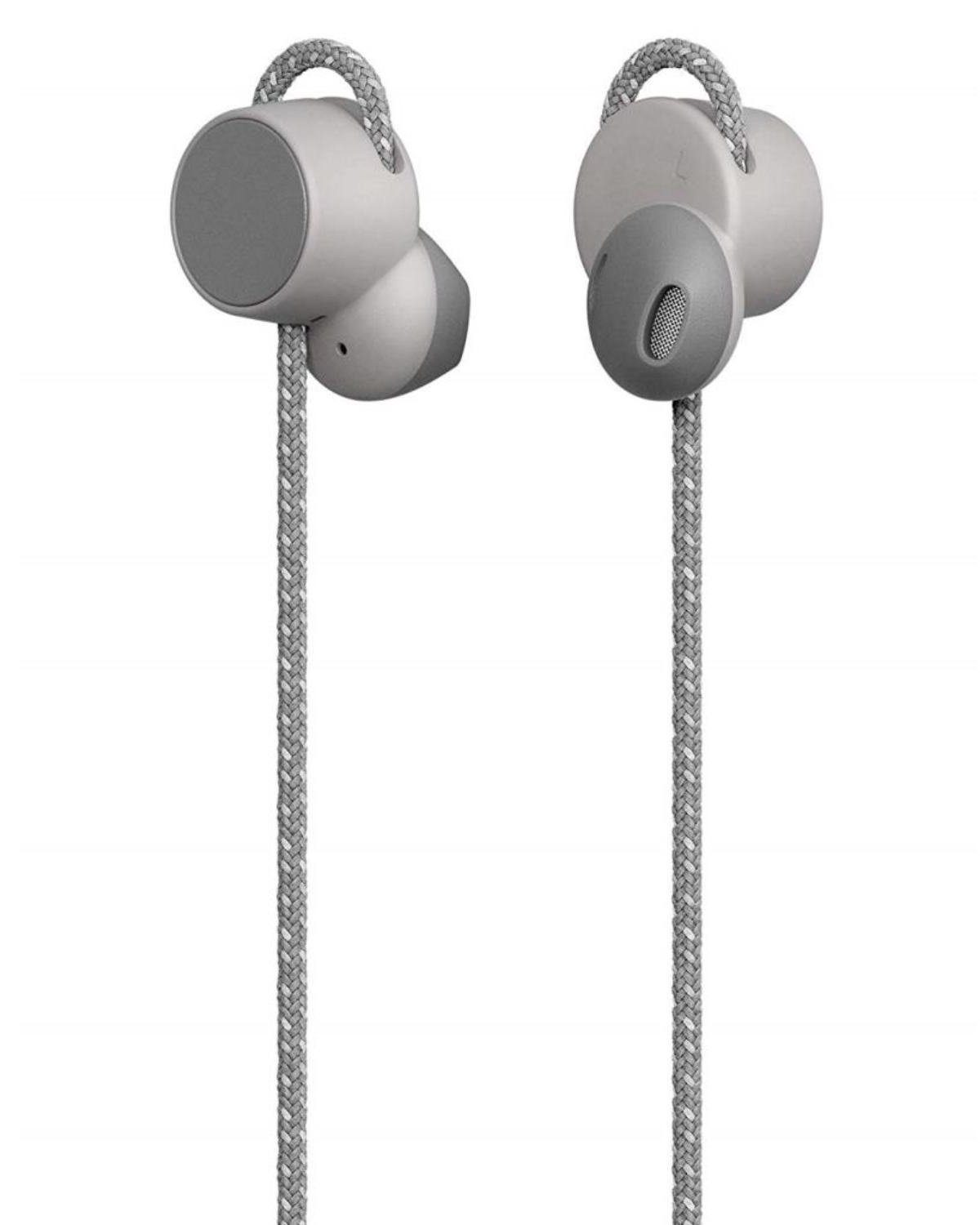 Urbanears Jakan Bluetooth In-Ear Headset Grau Headset (integriertes Mikrofon, Bluetooth, Anruffunktion 12 Stunden Akkulaufzeit Magnetische Ohrhörer Bedienknopf)