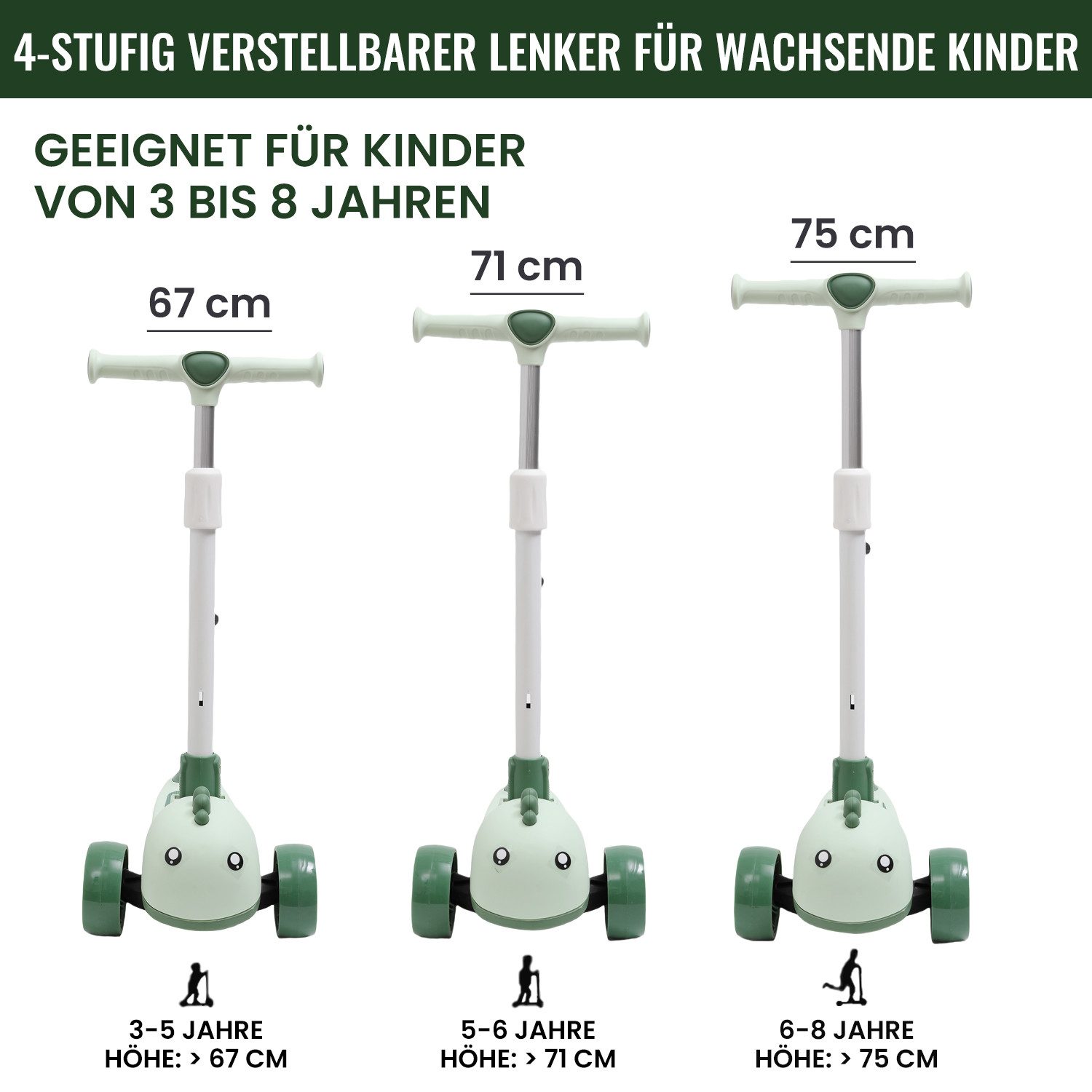 Habib Gruppe Dreiradscooter Kinderroller mit Tier-Design, 3-Rad, LED-Licht & Faltbar