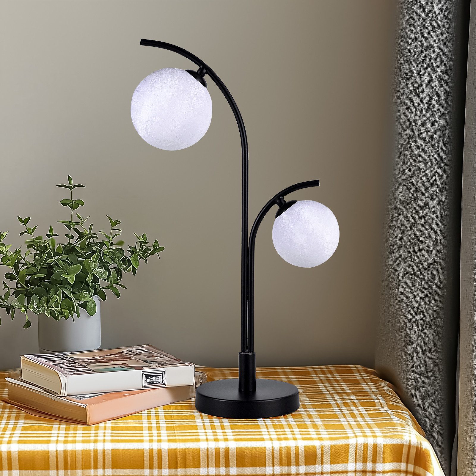 STANBOW Nachttischlampe LED Tischlampe Schreibtischlampe mit USB Ladenstation, Touch, Dimmbar, LED wechselbar, warmweiß, kaltweiß, Tischlampe mit Mond‑Oberflächen‑Optik – 3D‑gedruckte Kugelschirm