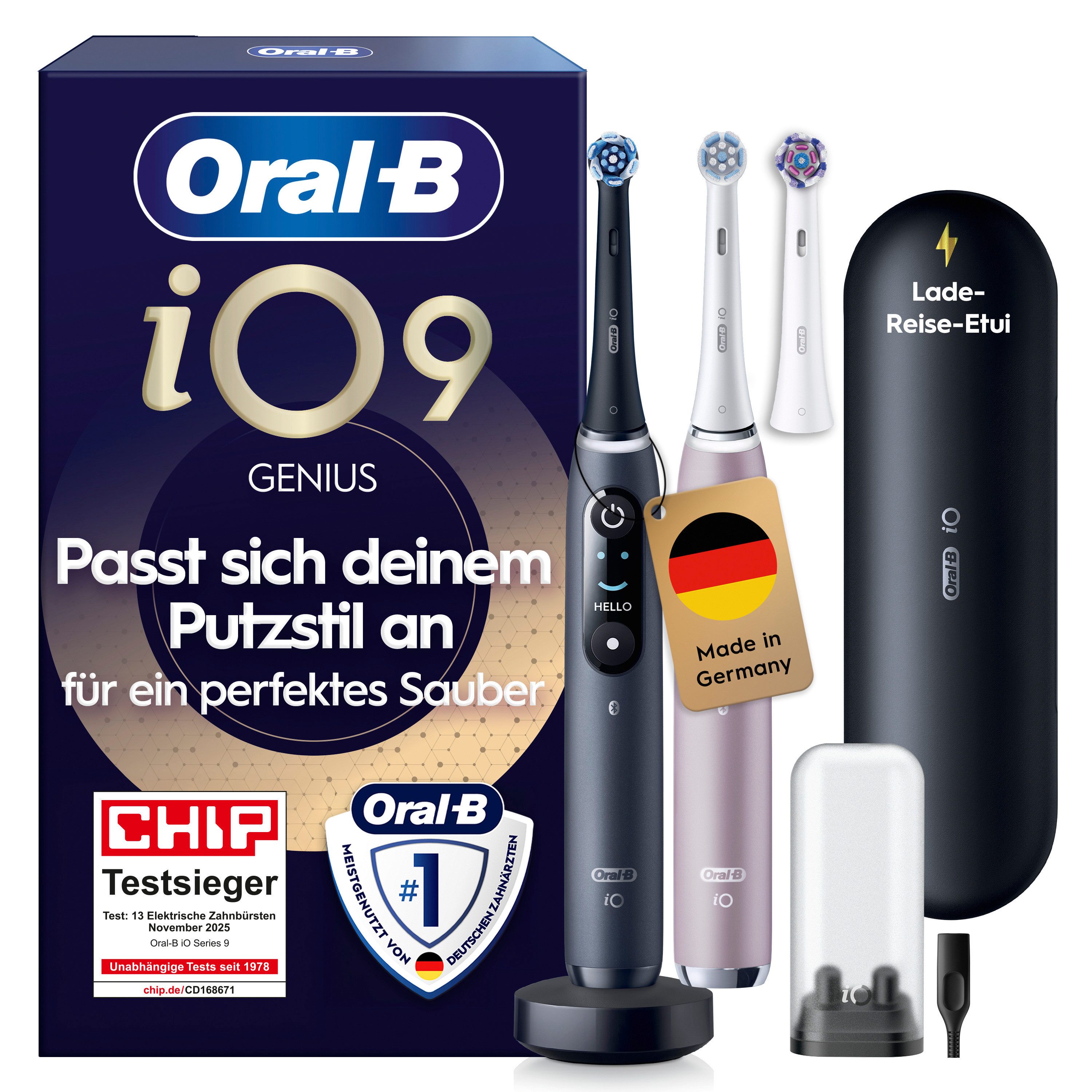 Oral-B Elektrische Zahnbürste iO 9 Duopack, Aufsteckbürsten: 3 St., mit Magnet-Technologie, 7 Putzmodi, Farbdisplay & Lade-Reiseetui