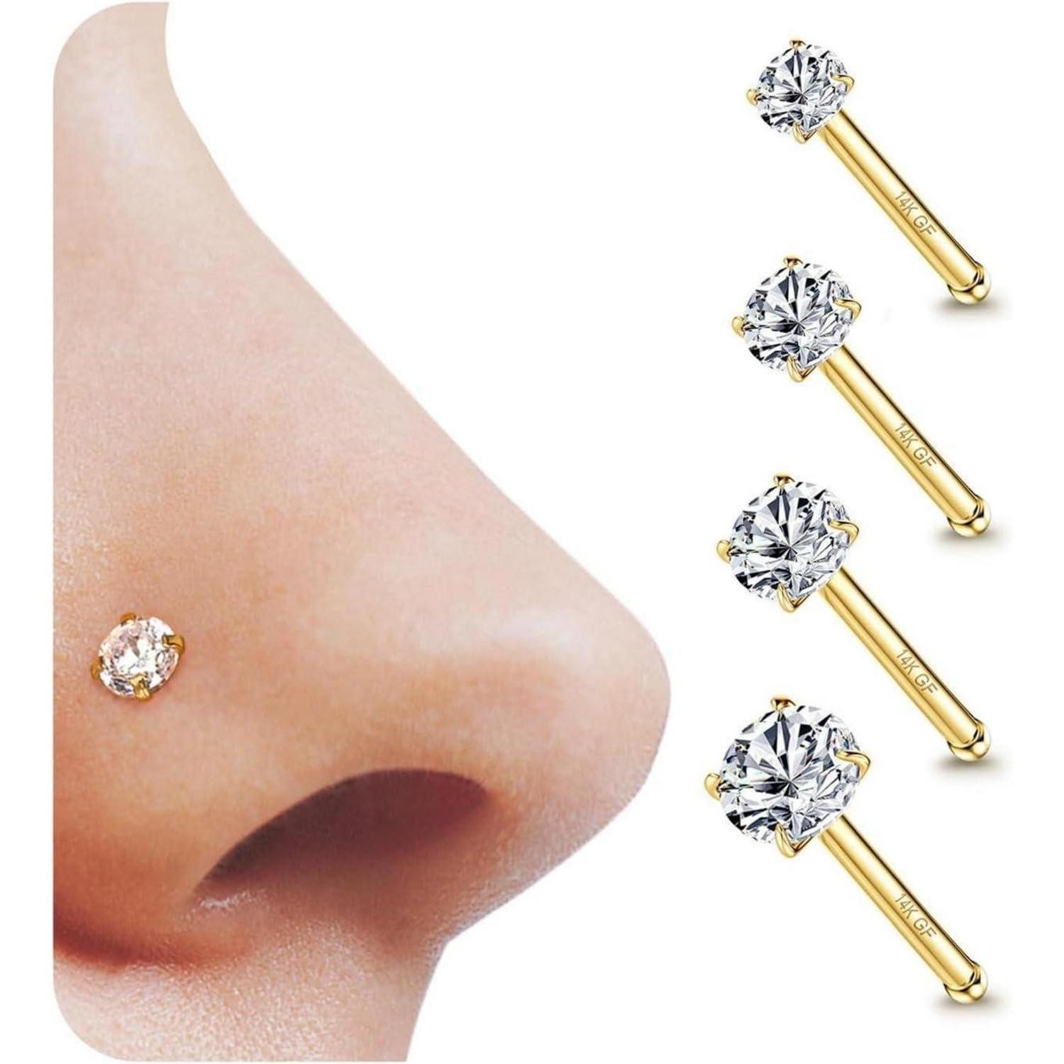 YADOCA Nasenpiercing-Set 4er Set 14K Gold 20G Nasenpiercing Zirkonia Chirurgenstahl 1,5/2/2,5/3