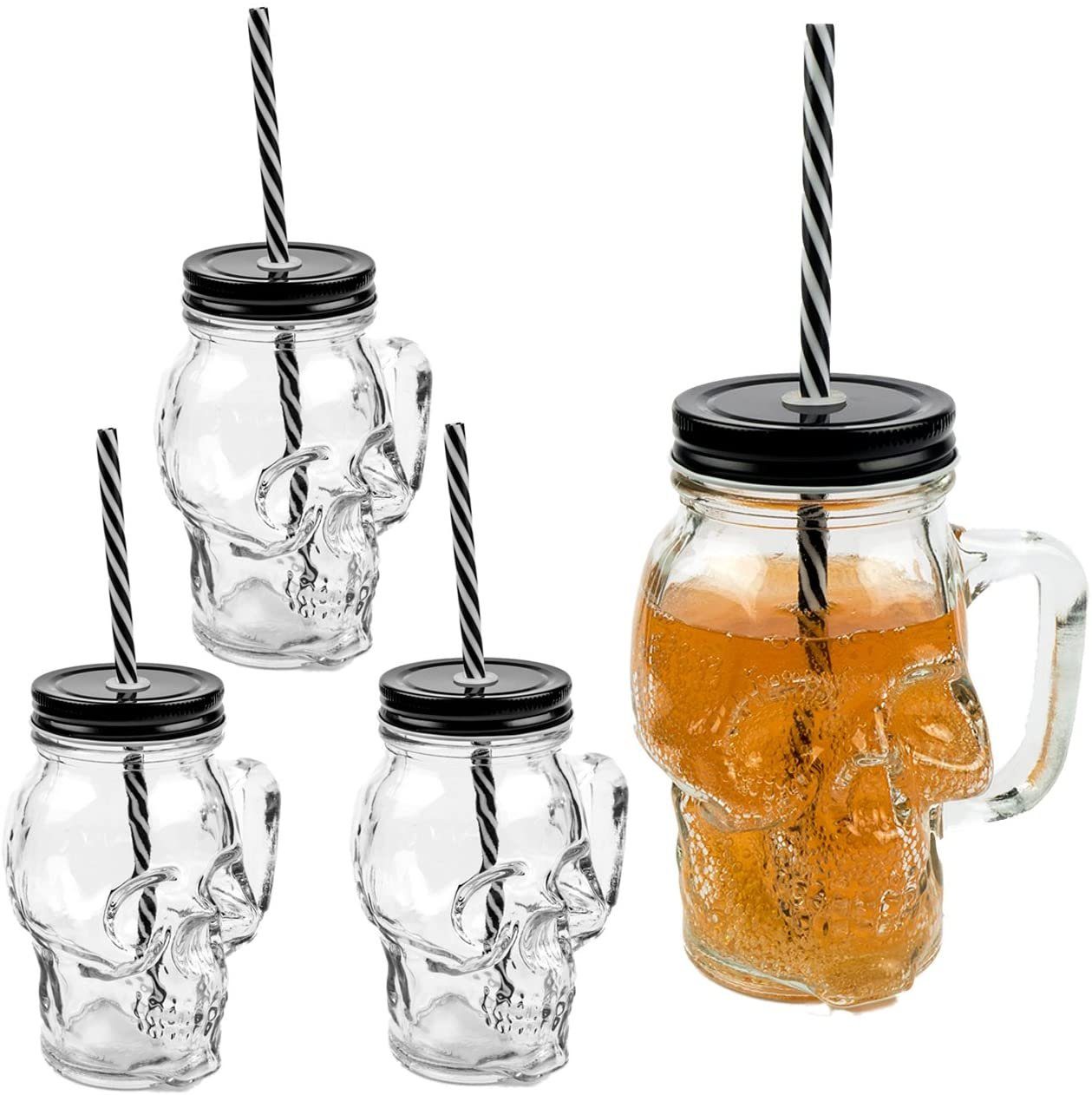 Sinoba Стекло-Set 3D Totenkopf Trinkglas Set Trinkgläser Garten Party Halloween Sommer, mit Deckel und stabilem Strohhalm aus Glas 450ml