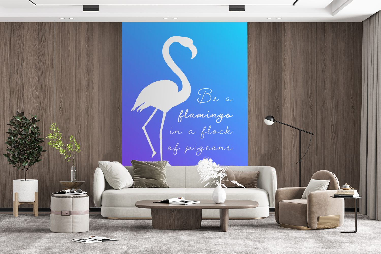 Flamingo, Fototapete Montagefertig für MuchoWow - Weiß Tapete Wandtapete Wohnzimmer, Vinyl - St), Blau bedruckt, (3 Matt,
