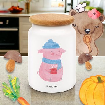 Mr. & Mrs. Panda Vorratsdose Schweinchen Glühwein - Weiß - Geschenk, Weihnachtsmarkt, Dose, Winter, Keramik, (1-tlg), Holzdeckel-Dichtung