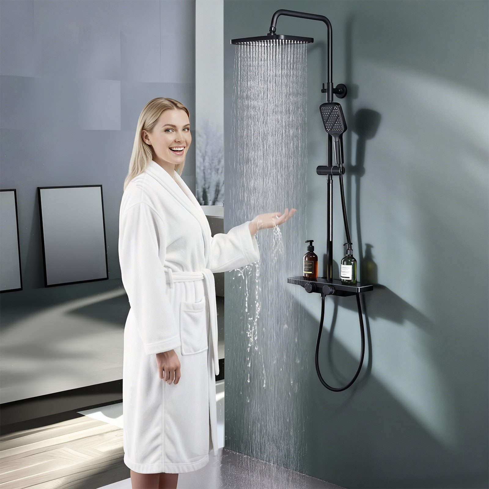 HOMELIVE Duschsystem Duschset Thermostat-Set Regendusche,Duschsystem 400mm mit Glasablage, 3 Strahlart(en), 12 Zoll Regendusche, 3-Funktions-Handbrause,Schwarz