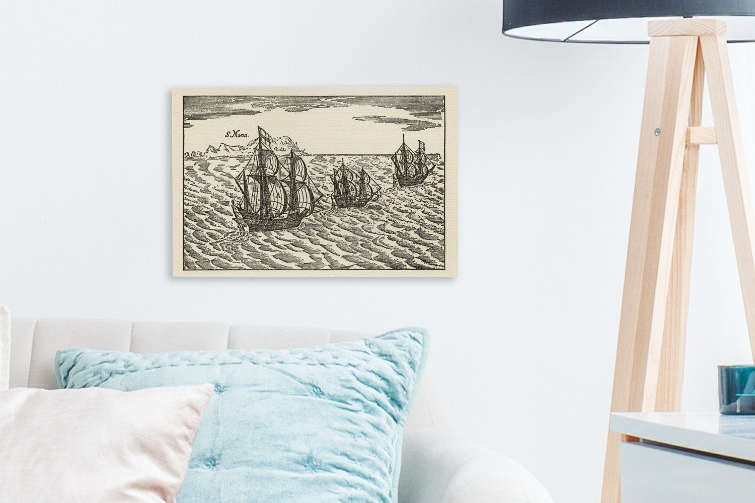 Wandbild Leinwandbilder, Leinwandbild Christoph St), Illustration Kolumbus, von Aufhängefertig, 30x20 cm OneMillionCanvasses® Schiffsflotte einer Wanddeko, (1